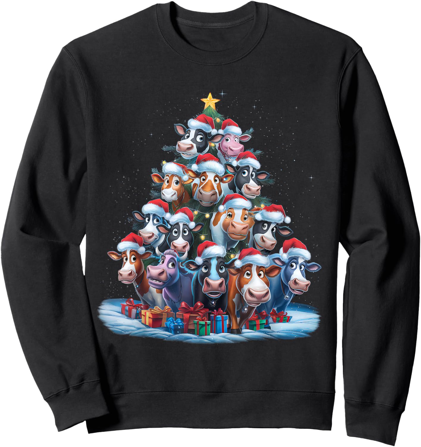 Cow Christmas Tree Lights Xmas Pajamas Pajama Santa Hat Cute Sweatshirt - Sweatshirt | Black