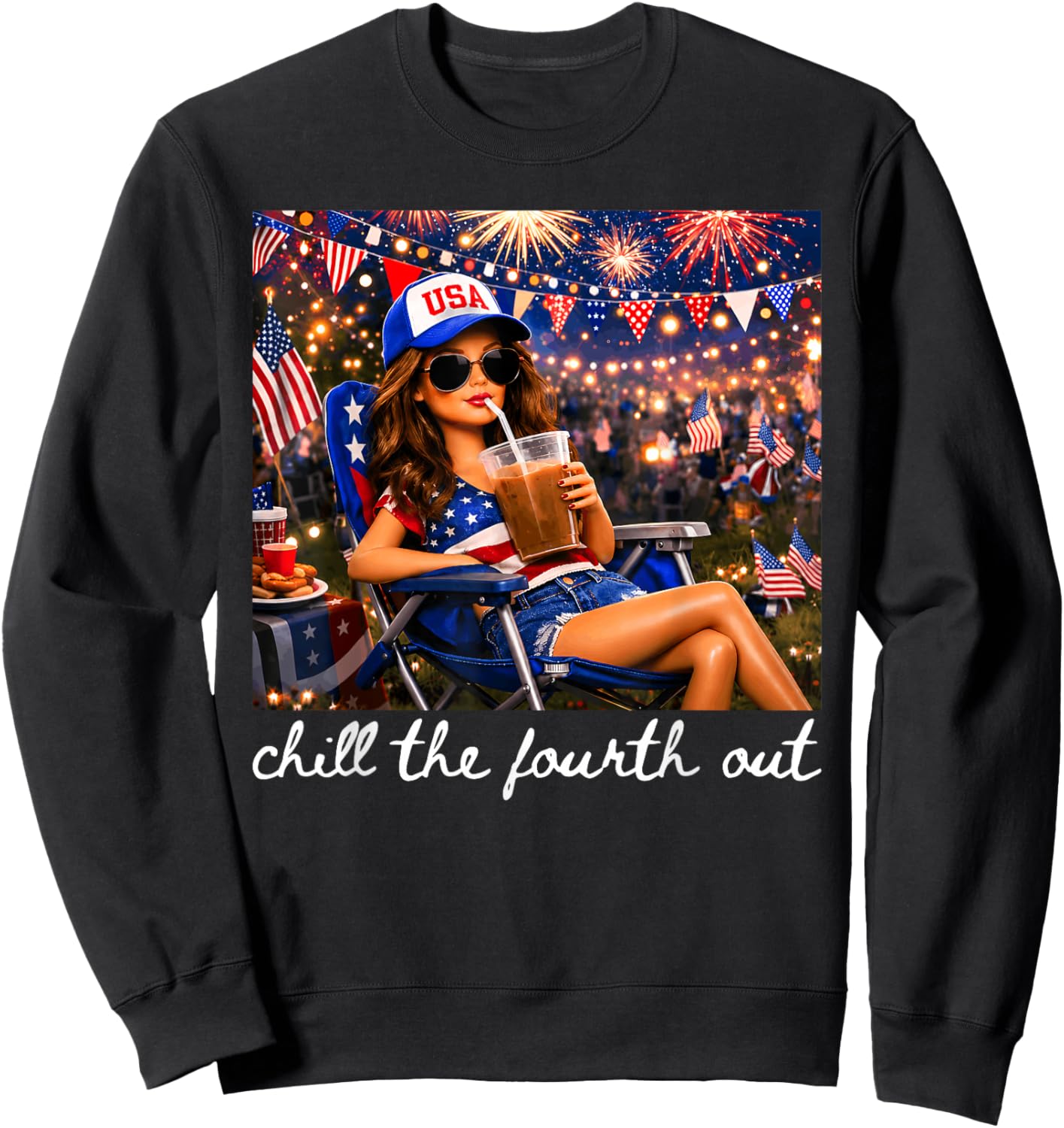 Chill The Fourth Out American Girl Fireworks 4th of July Sweatshirt - Sweatshirt | Black