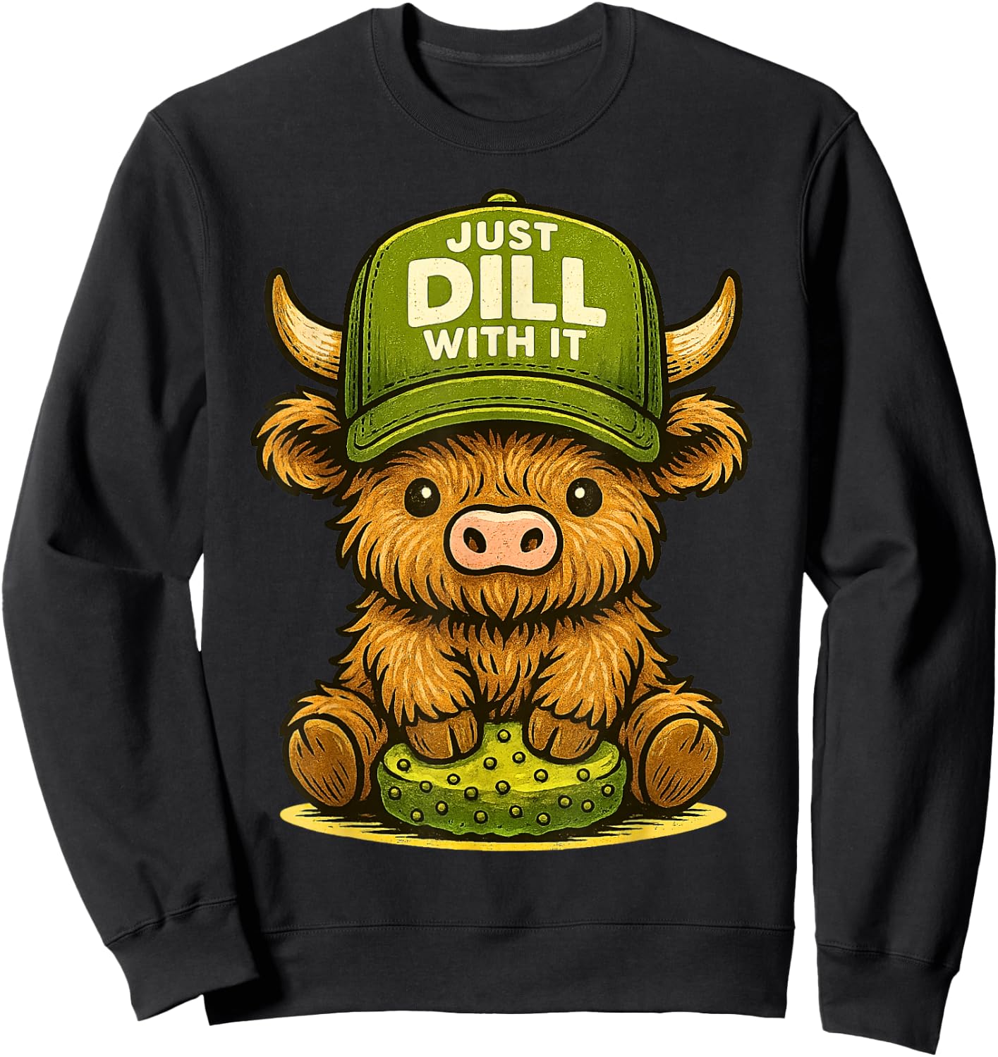 Just Dill with It Highland Cow Pickle Pun Retro Sweatshirt - Sweatshirt | Black