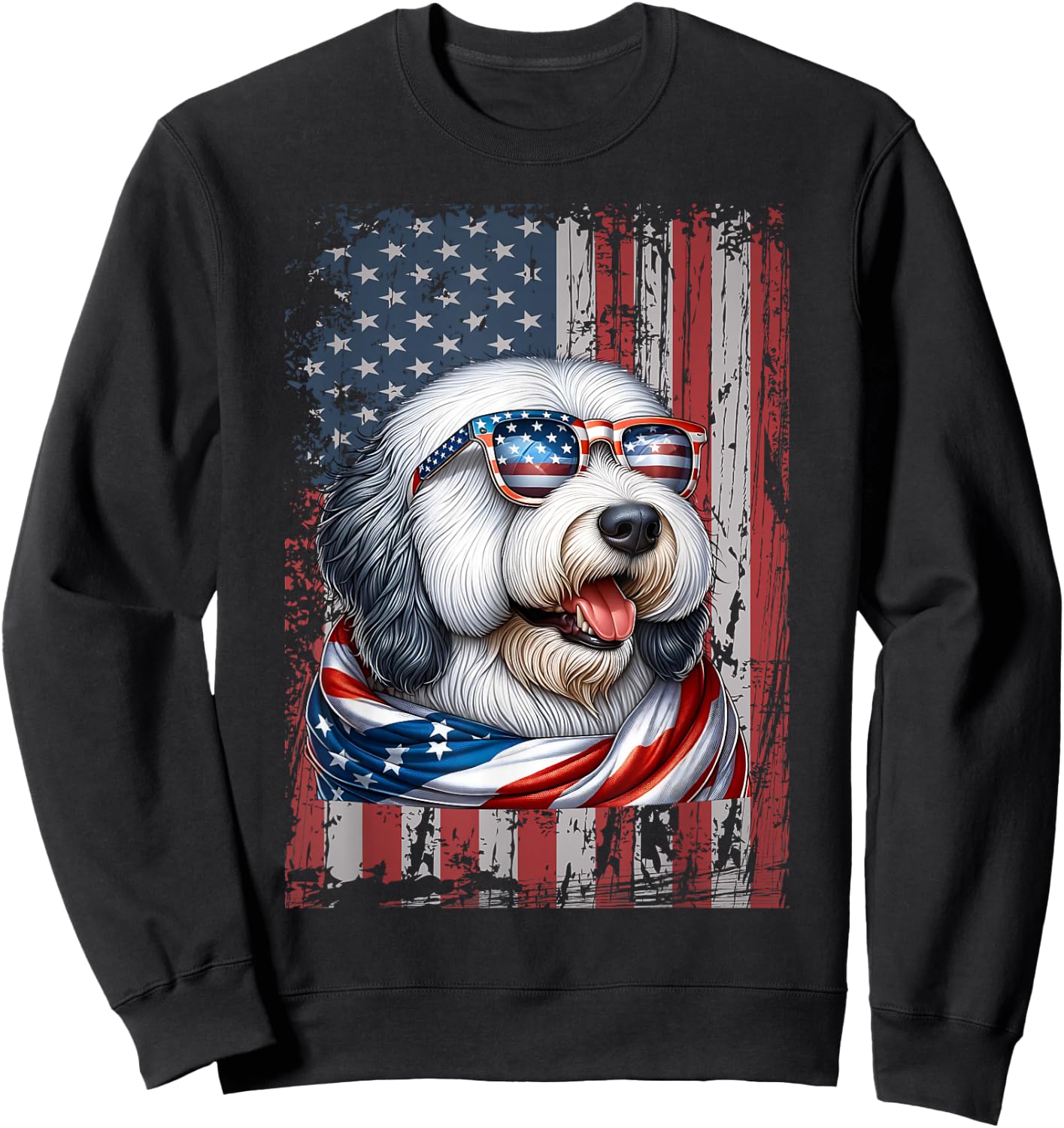 Old English Sheepdog Dog Lover US Flag 4th Of July Patriotic Sweatshirt - Sweatshirt | Black