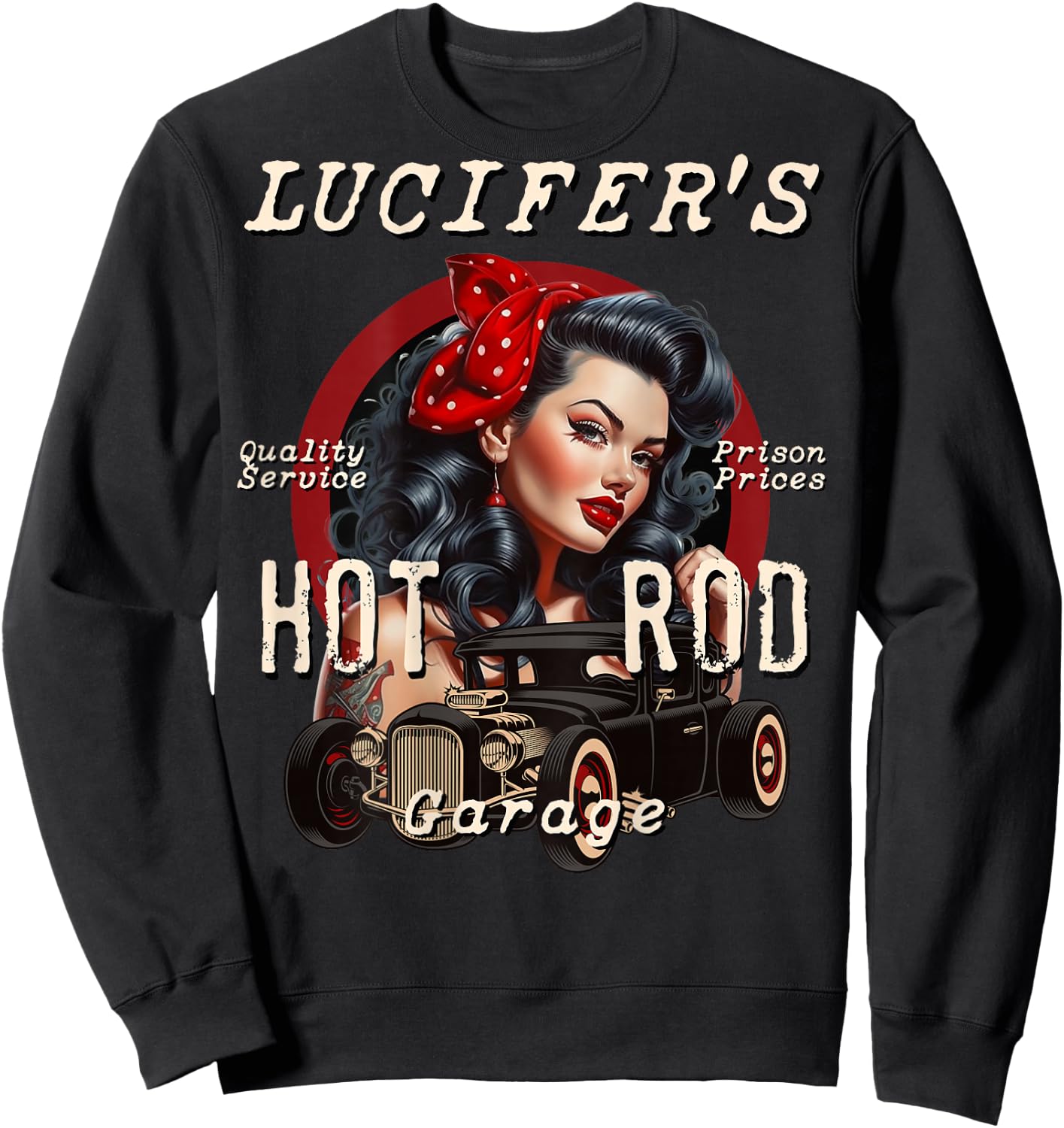 Lucifer's Super Hot Rod Pinup Girl Rockabilly Garage Retro , Black, S Sweatshirt - Sweatshirt | Black