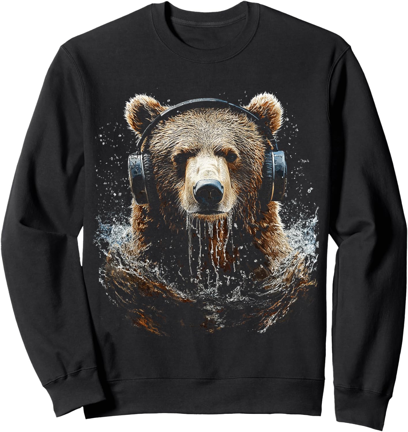 Bear Animal Motif Music Headphone Artwork Bear Sweatshirt - Sweatshirt | Black