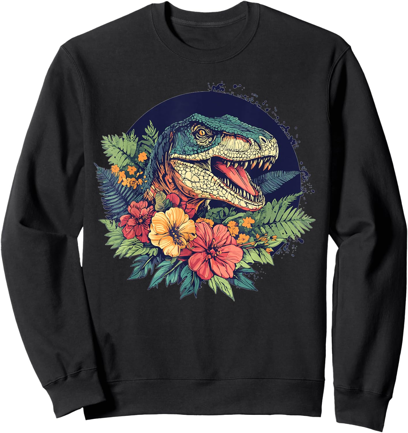 Dinosaur With Floral Background Artwork Sweatshirt - Sweatshirt | Black