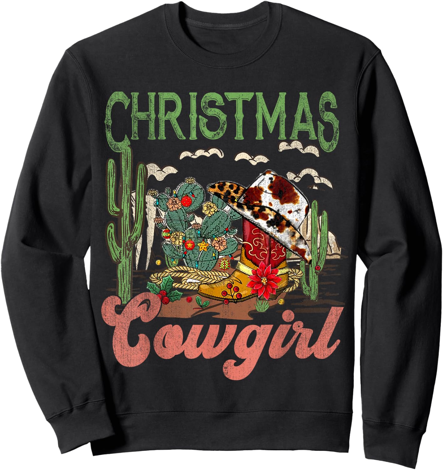Christmas Cowgirl Western Xmas, Cowboy Xmas Boots Sweatshirt - Sweatshirt | Black