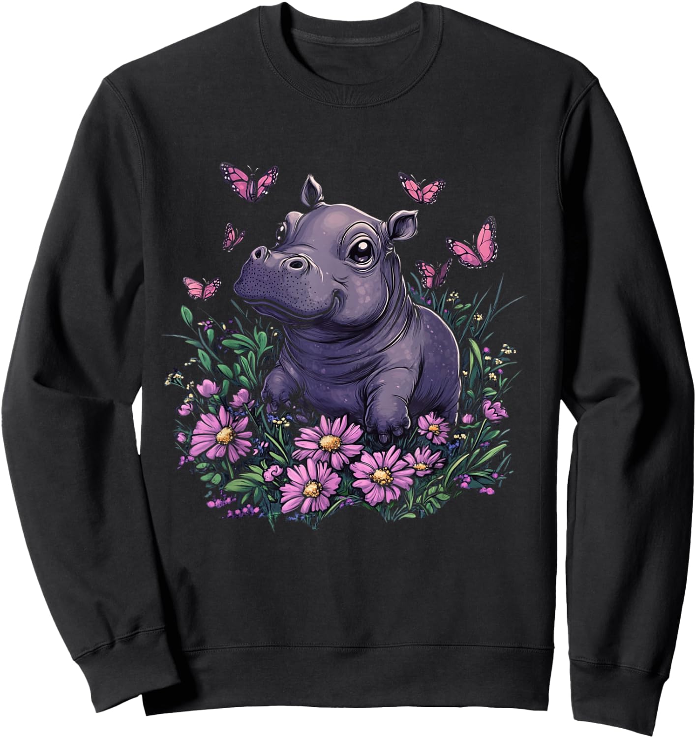 Cute Baby Hippo Pygmy with Flowers Girls Sweatshirt - Sweatshirt | Black