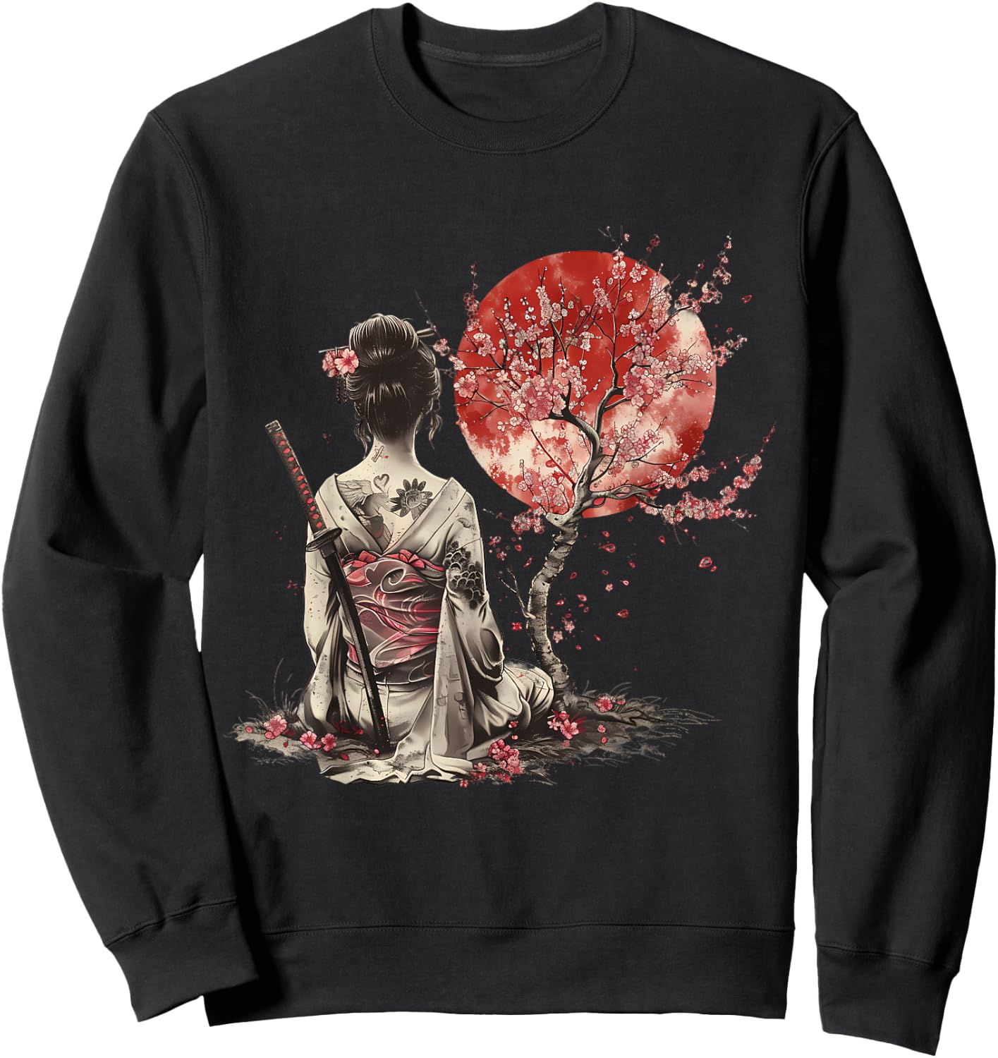 Japanese Samurai Sakura Cherry Blossom Japanese Geisha , Black, S Sweatshirt - Sweatshirt | Black