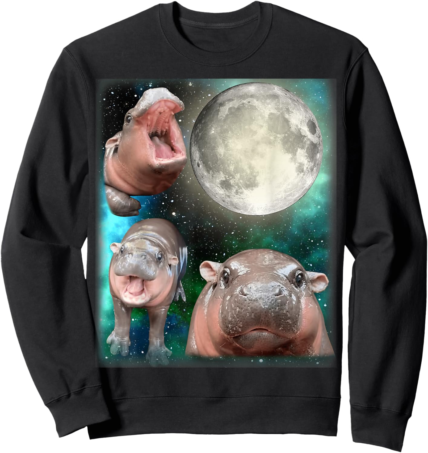 3 Hippo Moon Howling - 3 MOO-DENG Head Moon Howling Sweatshirt - Sweatshirt | Black