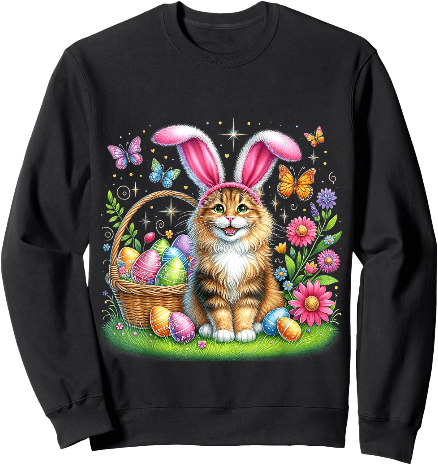 Happy Easter Cute Bunny Norwegian Forest Cat Easter Basket Women Girls Kids Sweatshirt - Sweatshirt | Black