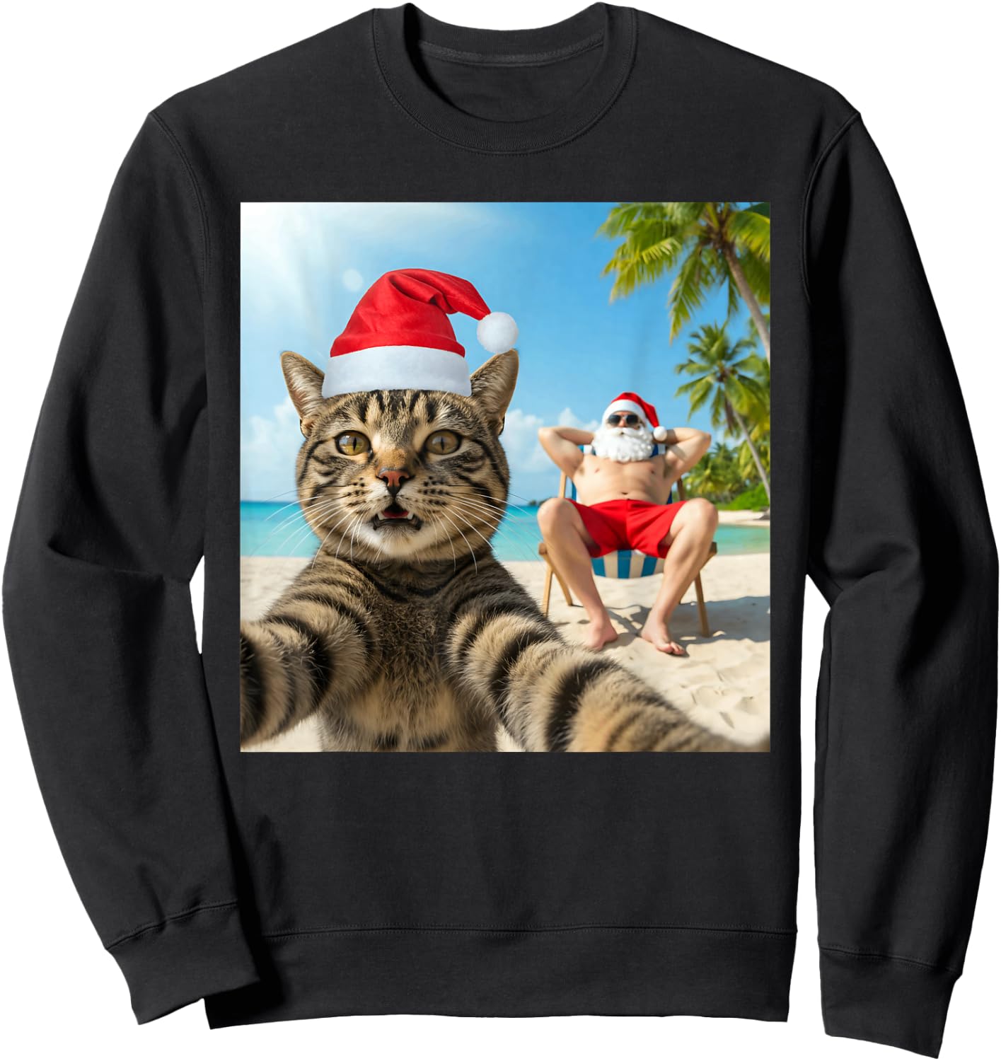 Christmas In July Cat Selfie With Santa Beach Summer Xmas Sweatshirt - Sweatshirt | Black