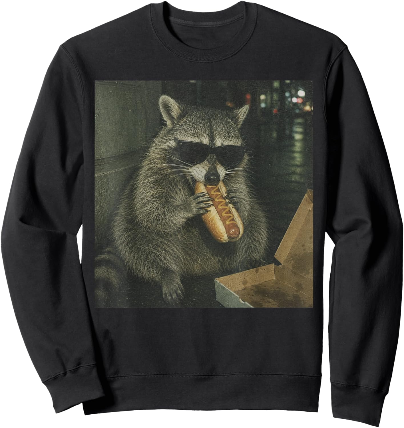 Raccoon Eating Hot Dog Funny Animal Meme Sweatshirt - Sweatshirt | Black