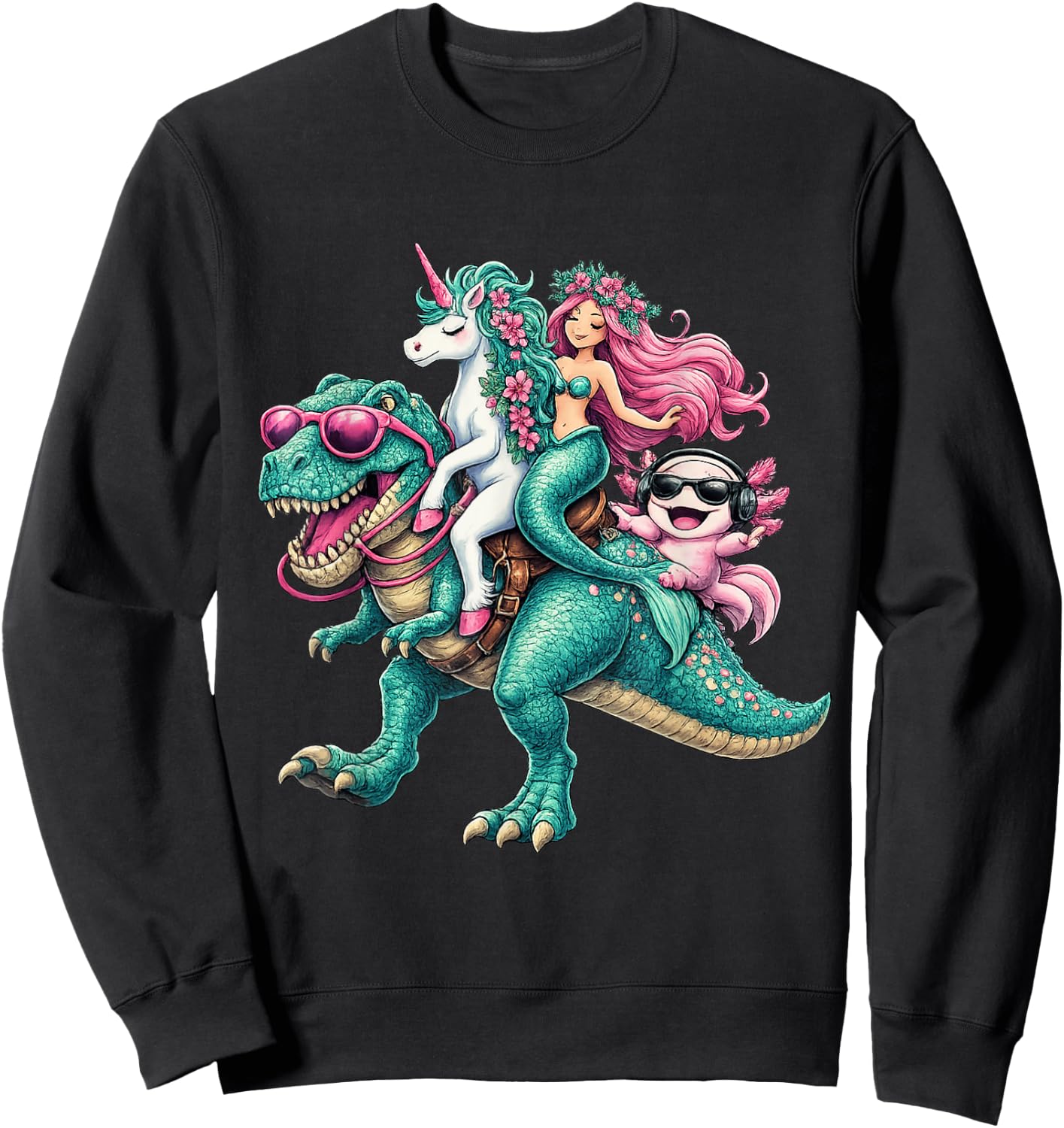 Mermaid Unicorn Axolotl Riding Dinosaur Granddaughter Niece Sweatshirt - Sweatshirt | Black