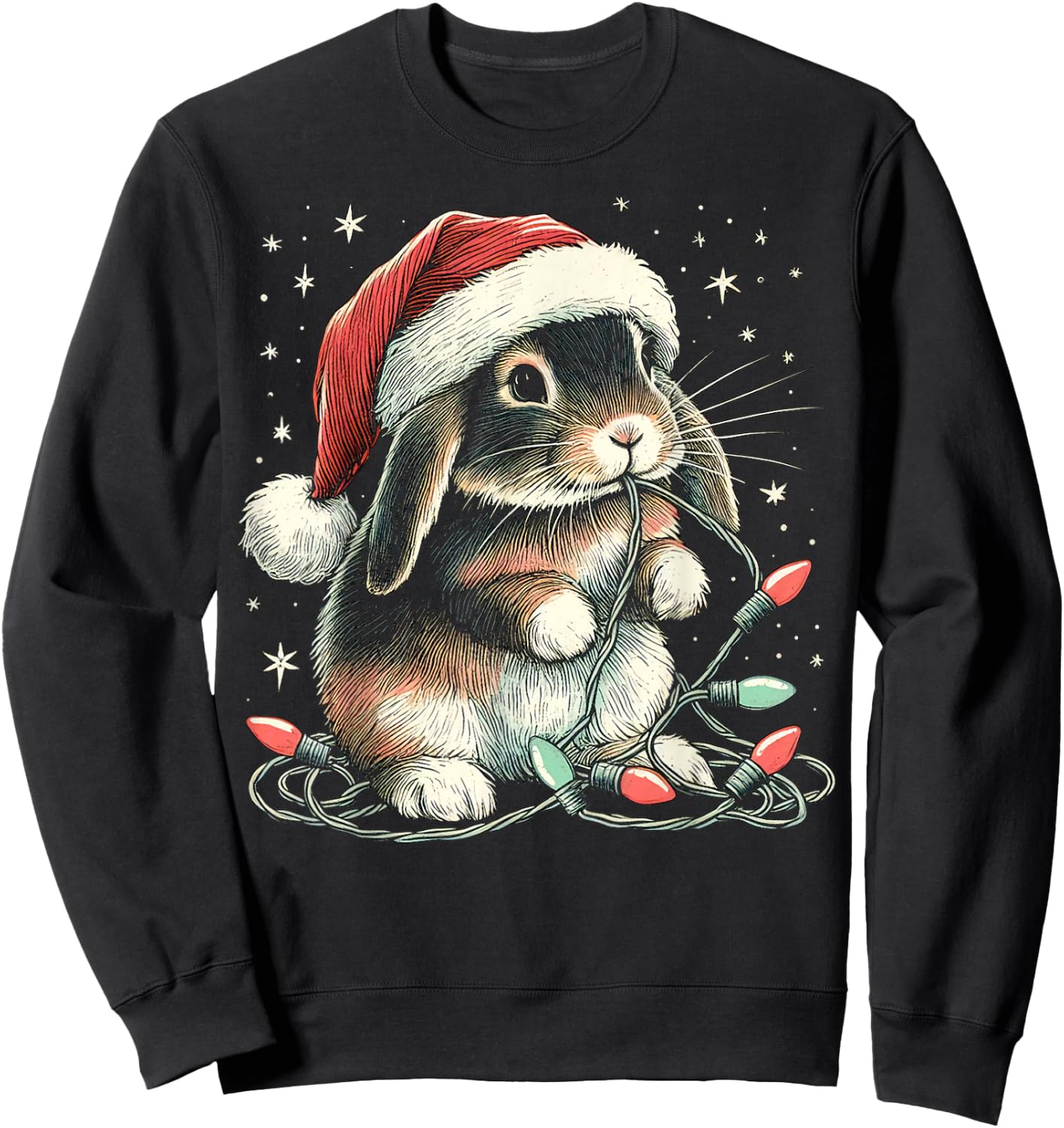 Funny Holland Lop Rabbit Bunny Chew Christmas Light Xmas Sweatshirt - Sweatshirt | Black