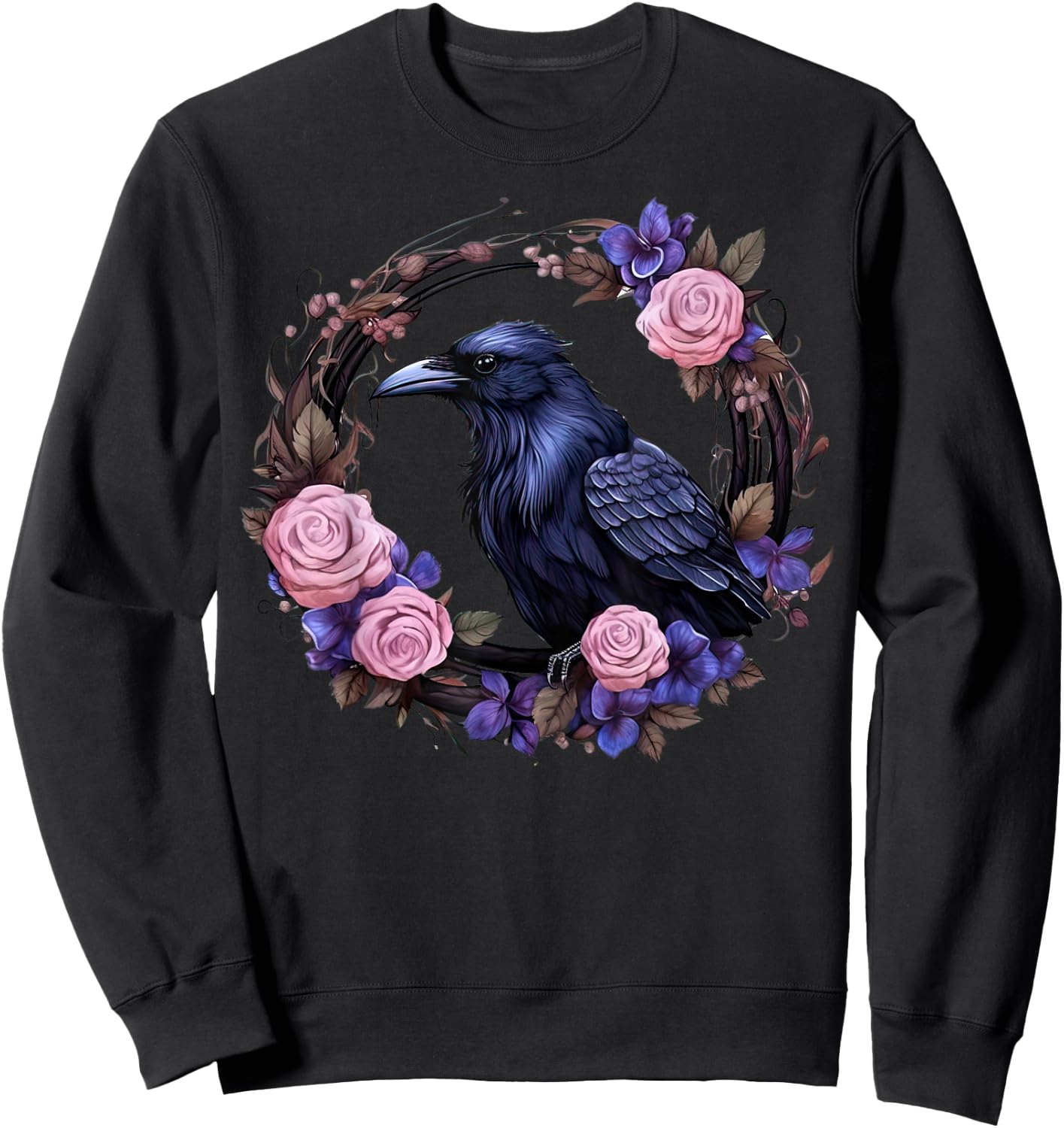 Gothic Raven Full Moon Pink Flowers Vintage Floral Crow Sweatshirt - Sweatshirt | Black