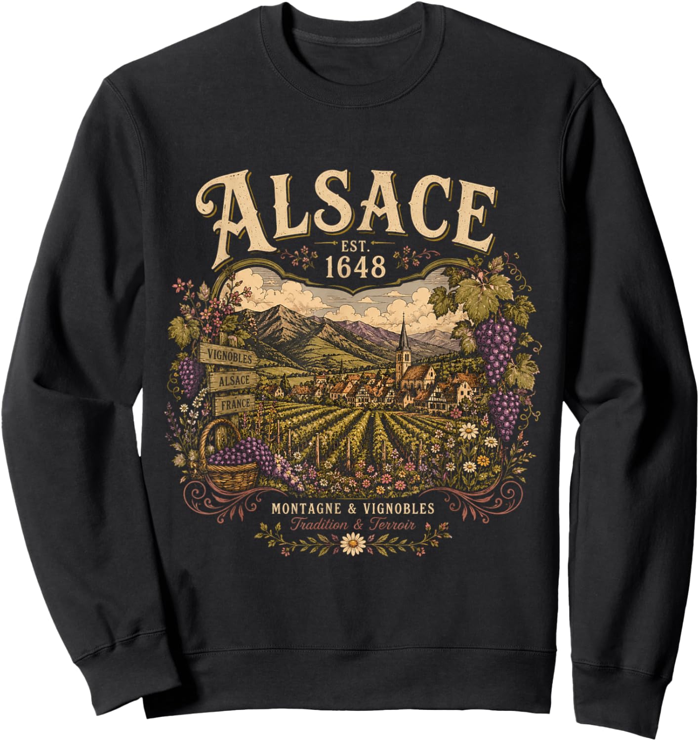 Alsace Est 1648 French Wine Region Alsatian Vineyard Sweatshirt - Sweatshirt | Black