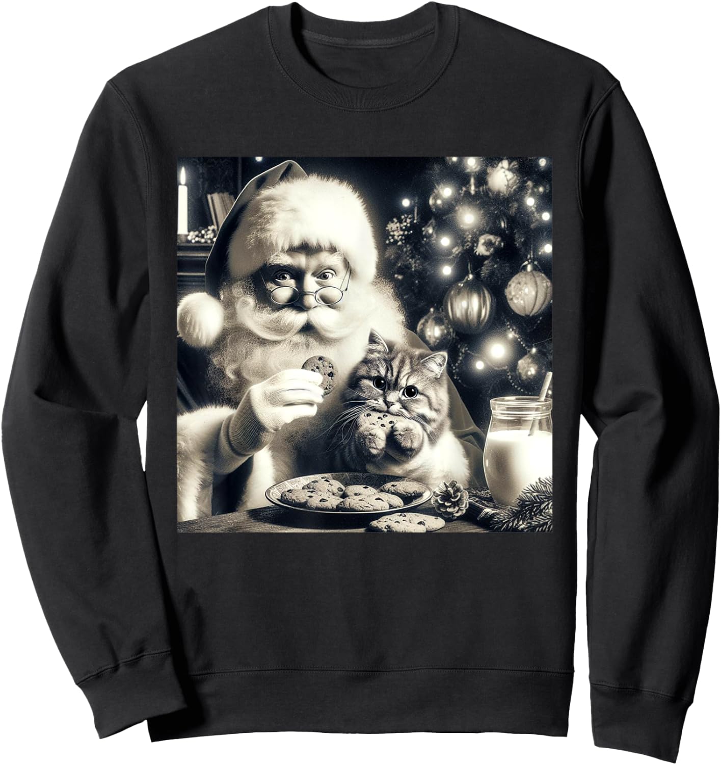 Vintage Cat Santa Photo Eating Cookies And Milk Christmas Men Women Sweatshirt - Sweatshirt | Black