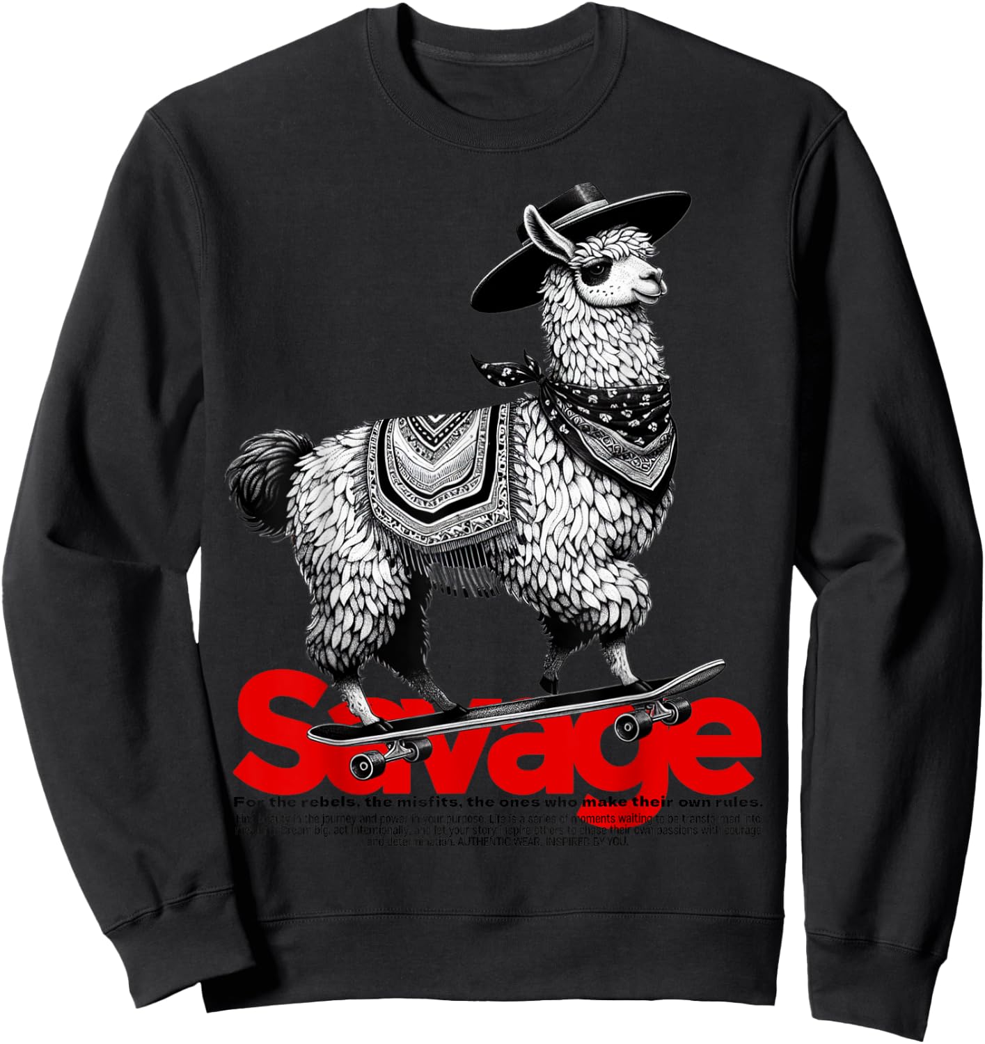 Llama Cowboy on Skateboard Alpaca Savage Meme Vintage Funny Sweatshirt - Sweatshirt | Black