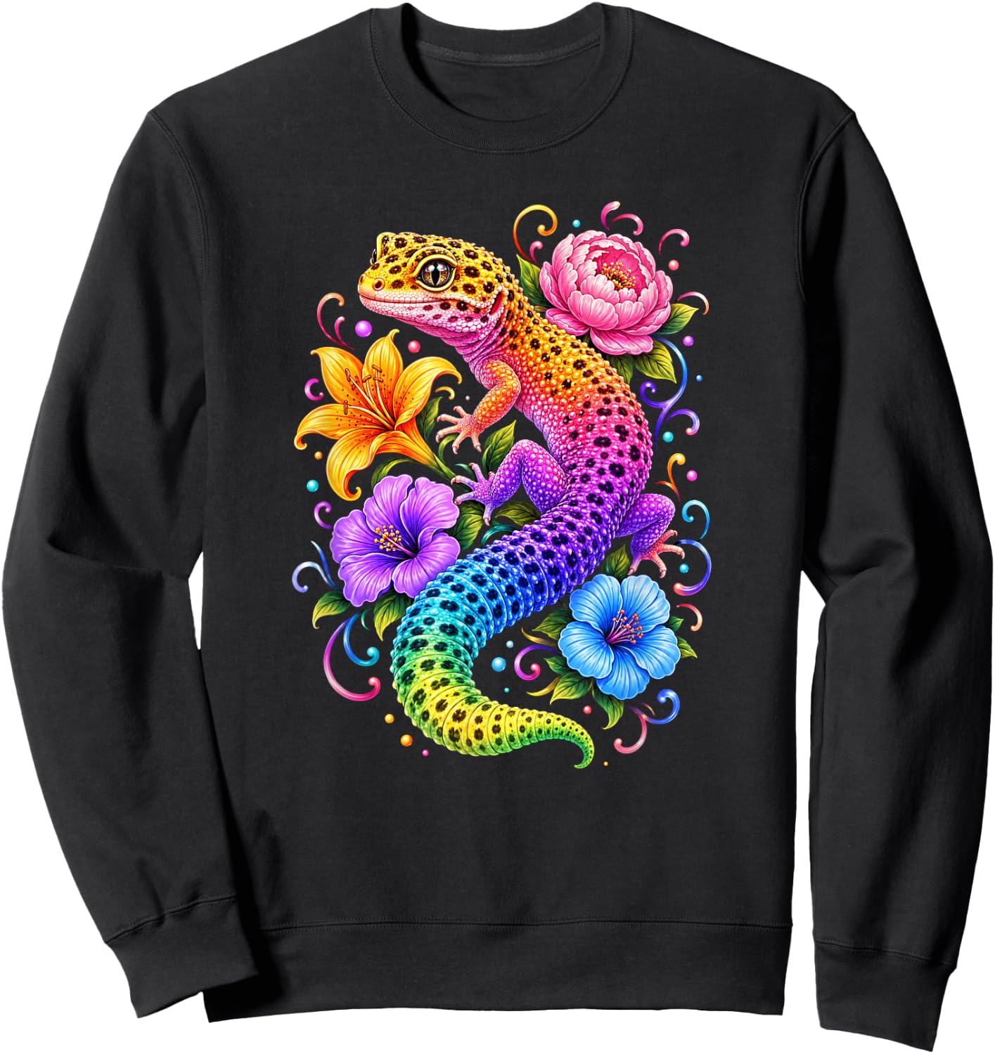 Colorful Cute Leopard Gecko Flowers Rainbow Women Girls Kids Sweatshirt - Sweatshirt | Black