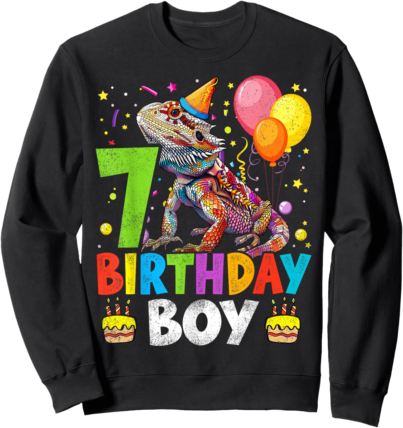 7th Birthday Boy Bearded Dragon 7 Years Old Bday Party Sweatshirt - Sweatshirt | Black