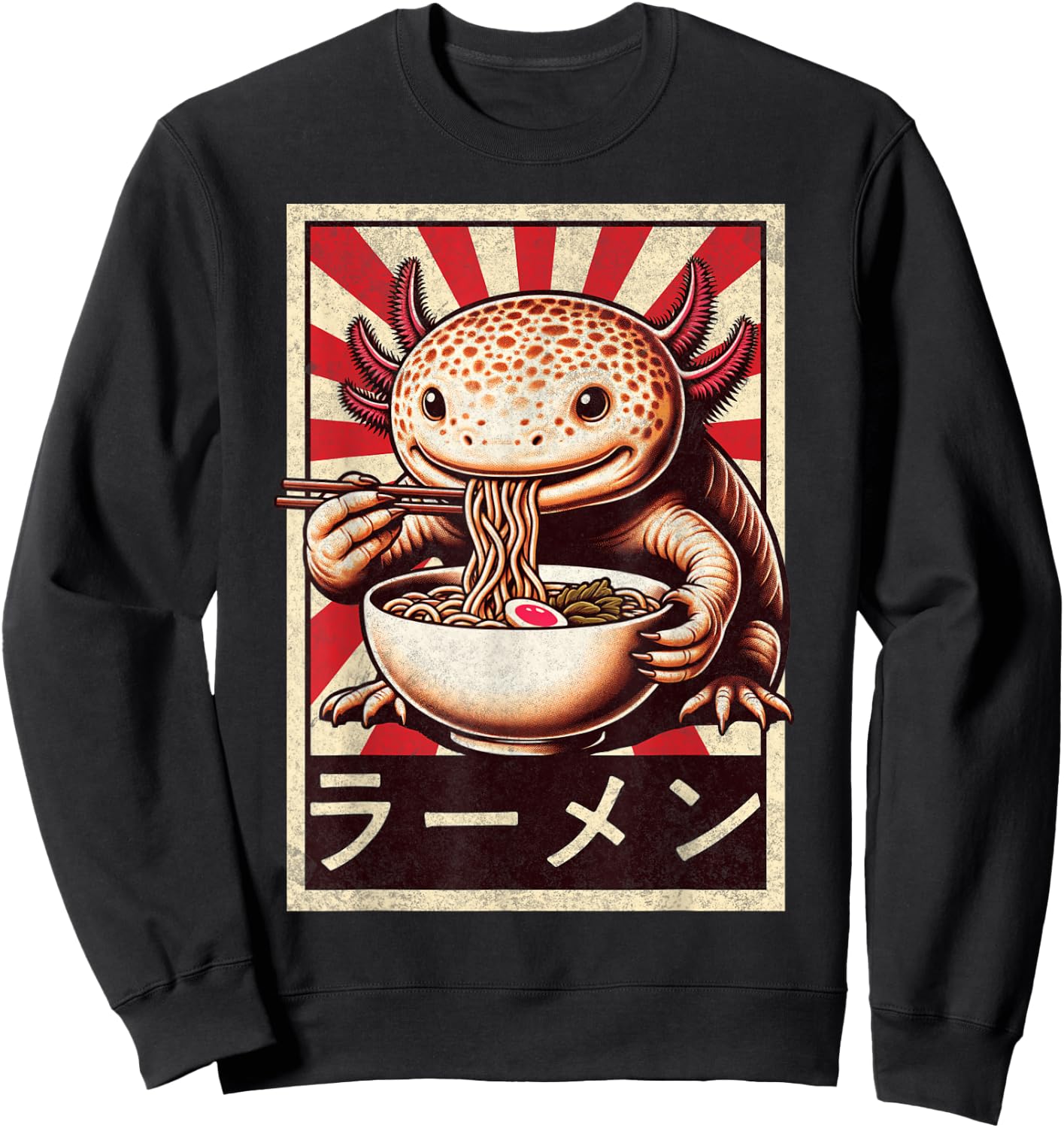 Funny Vintage Axolotl Eating Ramen. Anime Axolotl Ramen Sweatshirt - Sweatshirt | Black