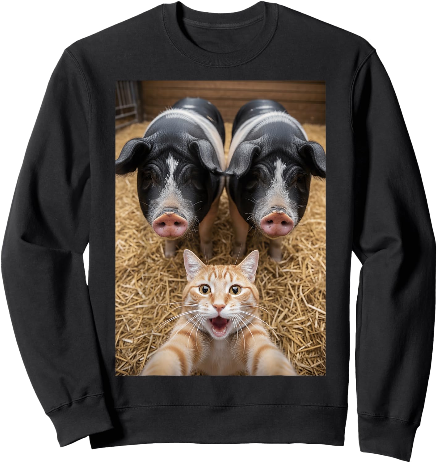 Funny Cat Selfie with Pigs Design – Cute Animal Pig Lovers Sweatshirt - Sweatshirt | Black