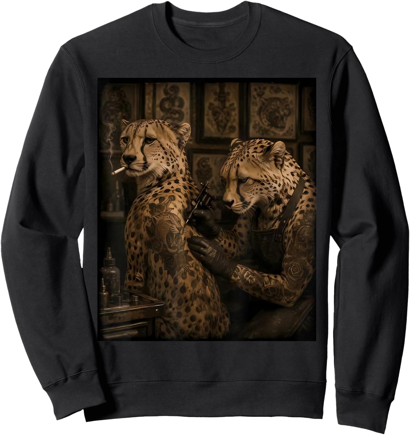 Retro Cheetah Smoking Tattoo Artist Funny Wild Animal Meme Sweatshirt - Sweatshirt | Black