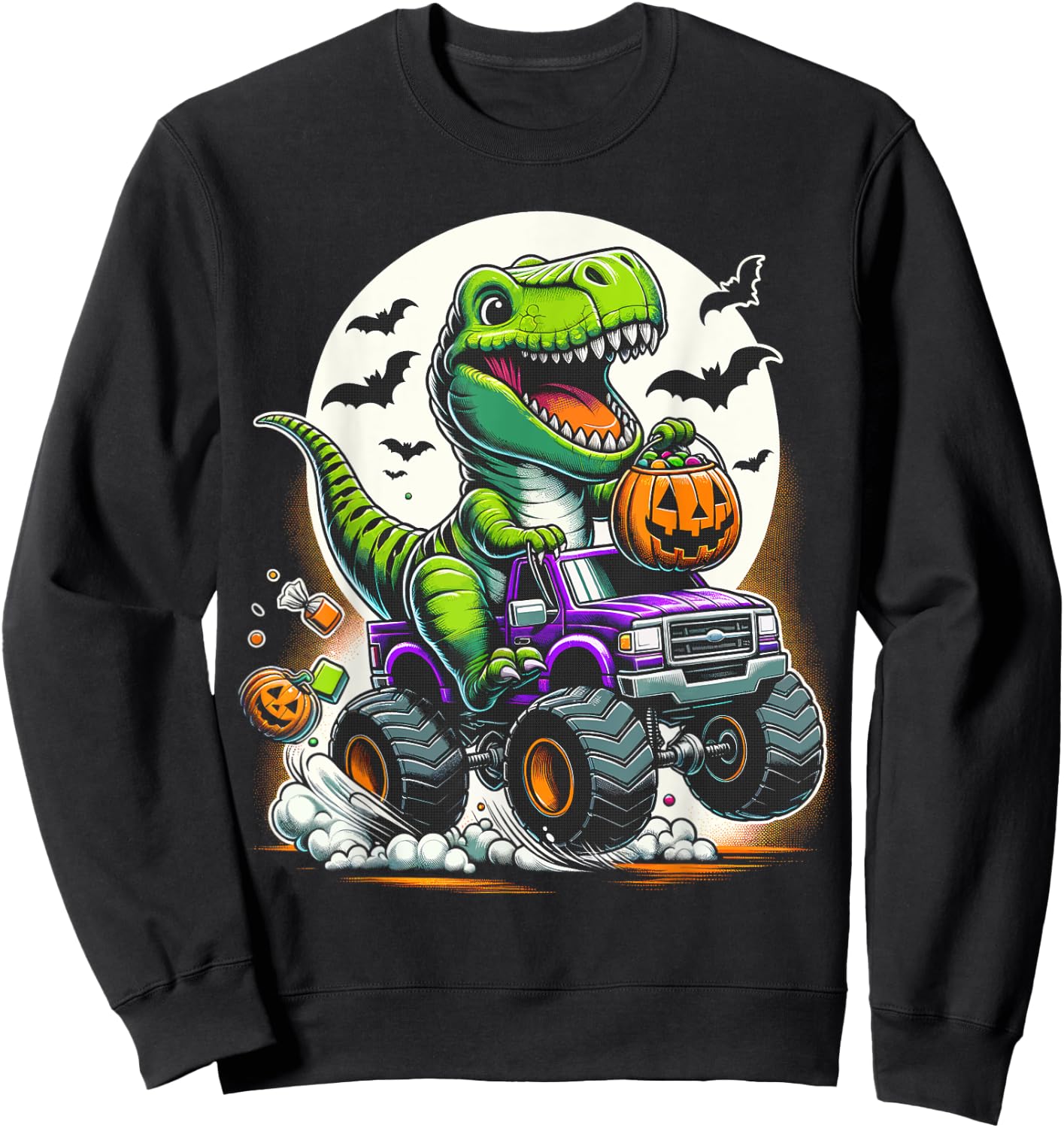 Halloween Funny T Rex Dinosaur Monster Truck Boy Trick Treat Sweatshirt - Sweatshirt | Black