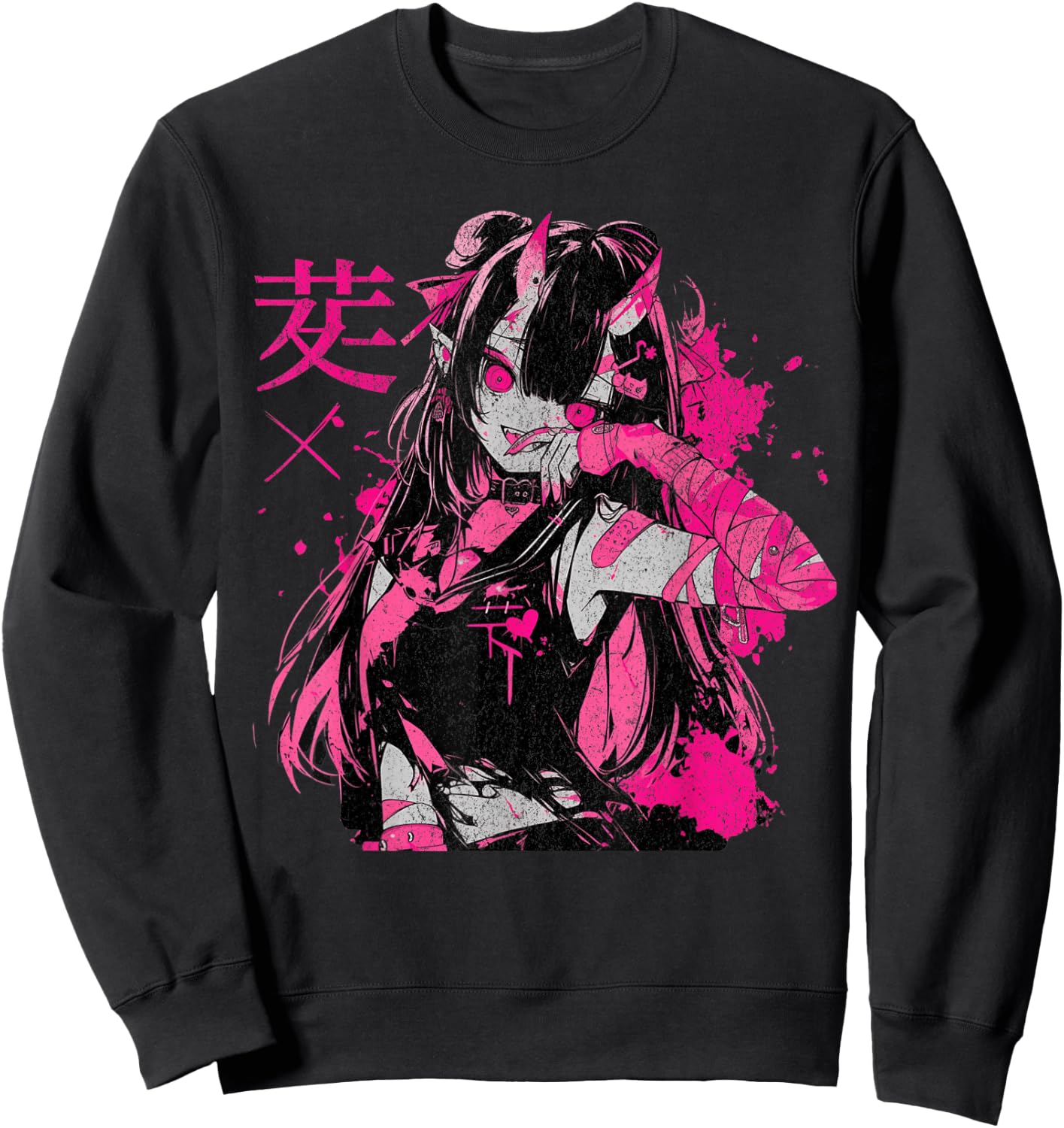 Goth Grunge Demon Anime Girl Waifu Horror Old Aesthetic Sweatshirt - Sweatshirt | Black
