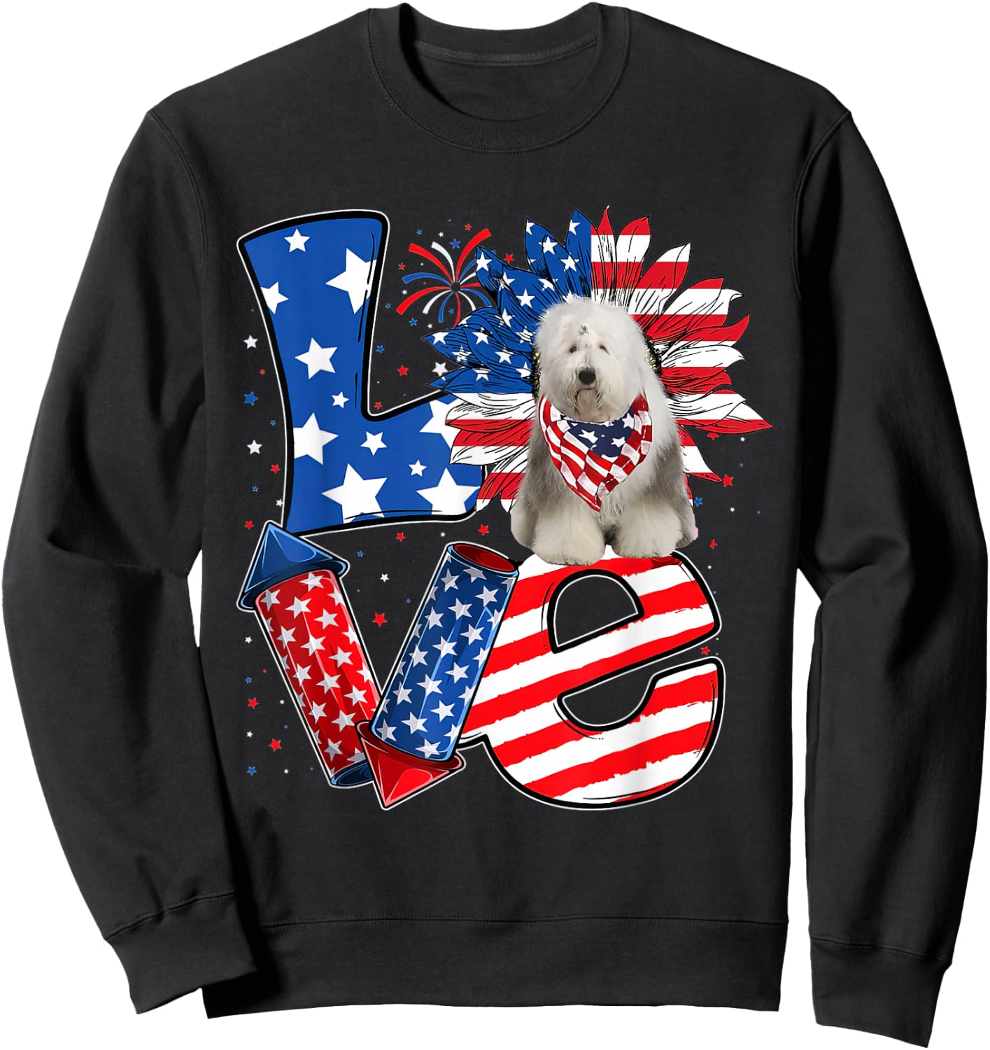 4th of July Decor Patriotic LOVE Old English Sheepdog Dog Sweatshirt - Sweatshirt | Black