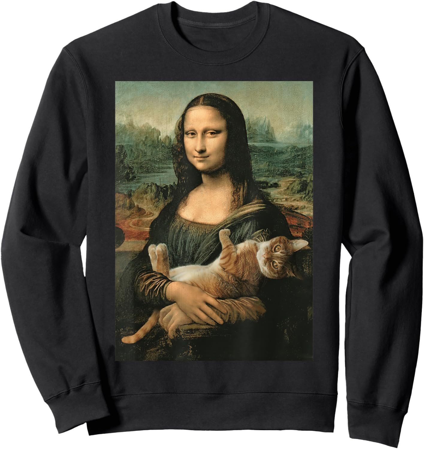 Mona Lisa With Orange Cat Funny Art Painting Sweatshirt - Sweatshirt | Black