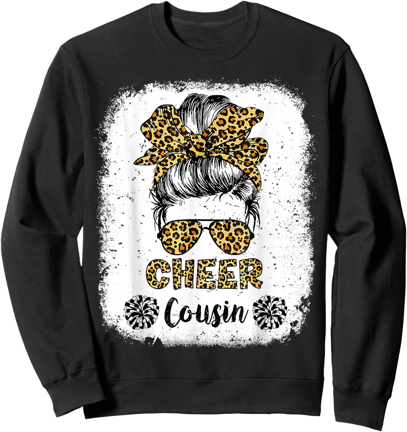 Cheer Cousin Leopard Messy Bun Cheerleader Bleached Sweatshirt - Sweatshirt | Black