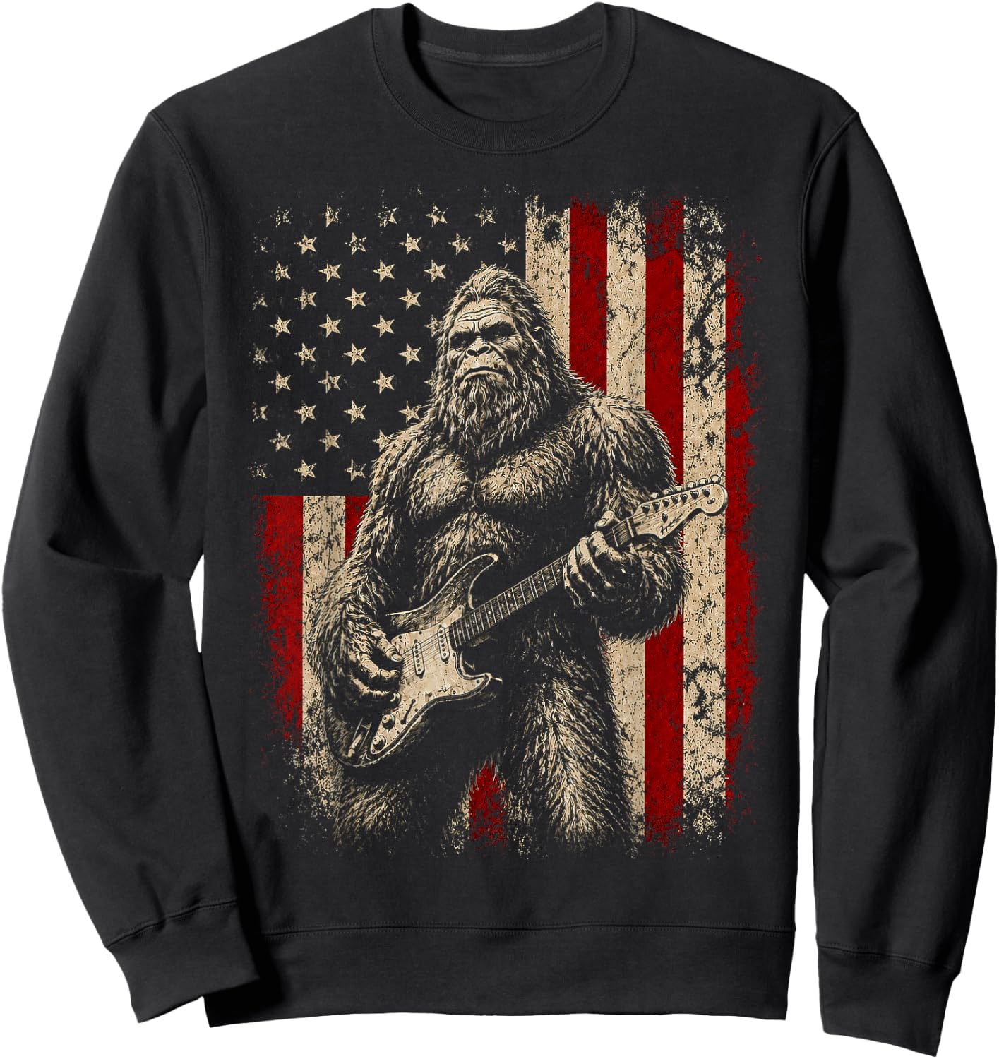 Bigfoot Sasquatch Playing Guitar 4th July American USA Flag Sweatshirt - Sweatshirt | Black