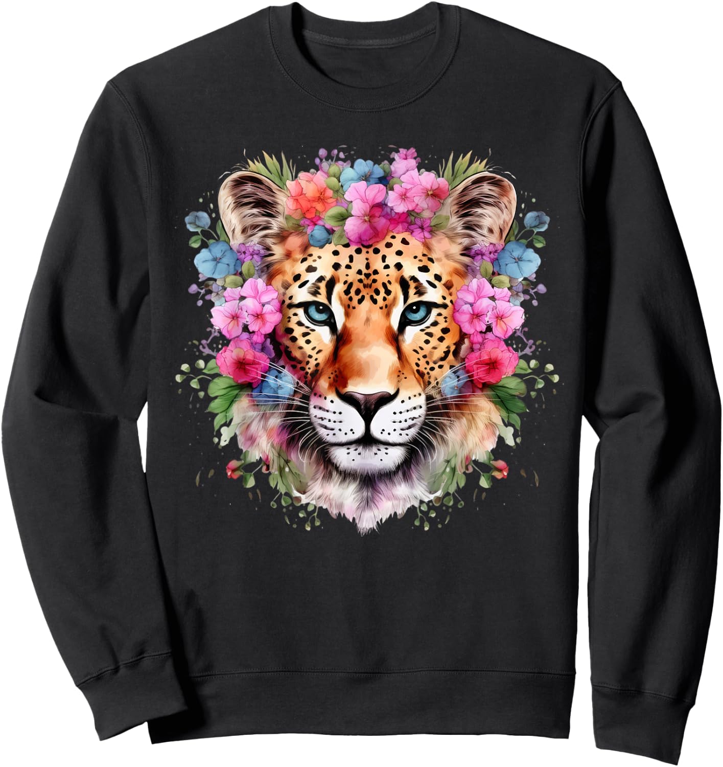 Leopard with Flowers Colorful Floral Leopards Animal Lovers Sweatshirt - Sweatshirt | Black