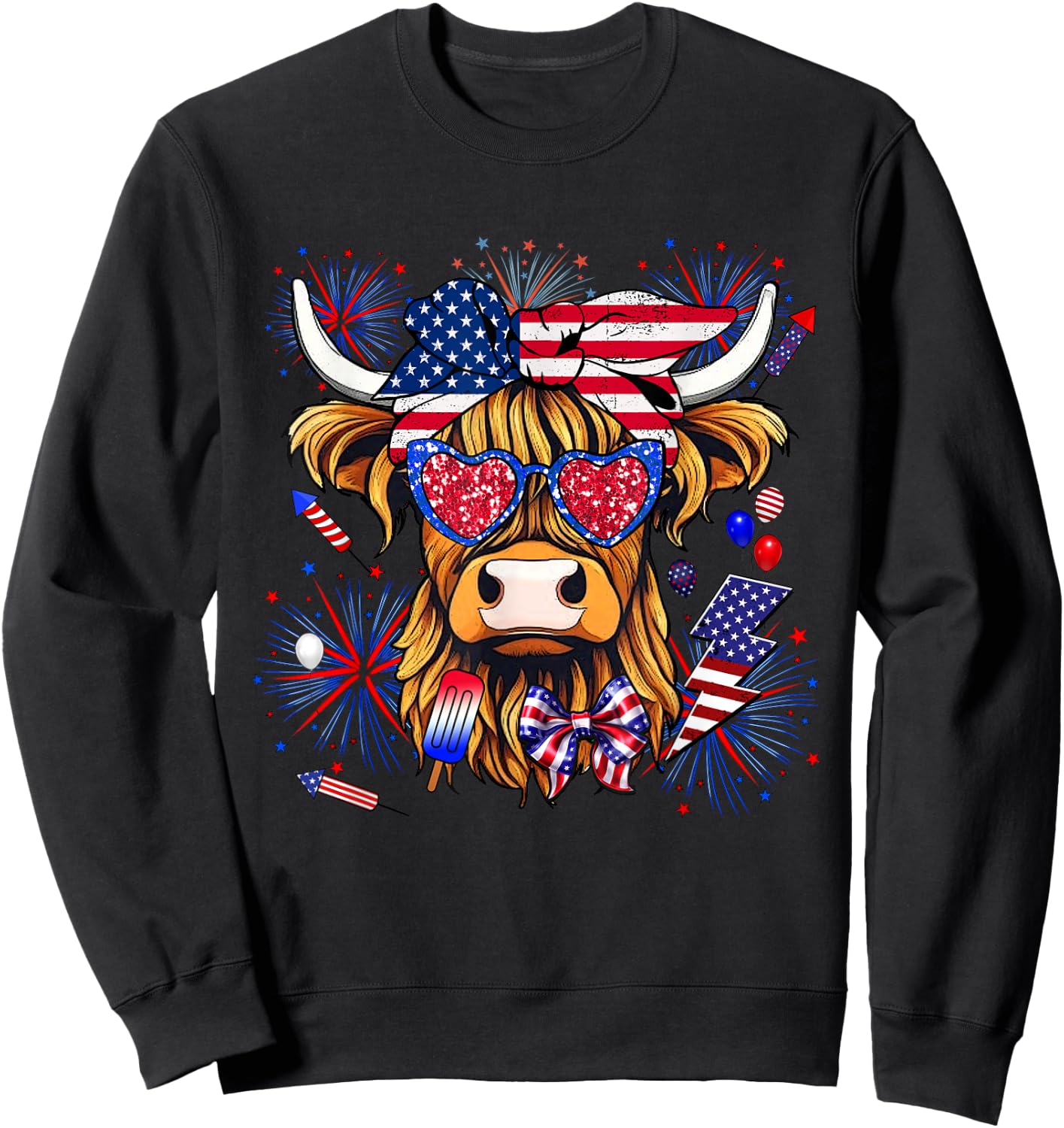 Cow, Scottish Highland Cow, Highland Cow, 4th of July Sweatshirt - Sweatshirt | Black