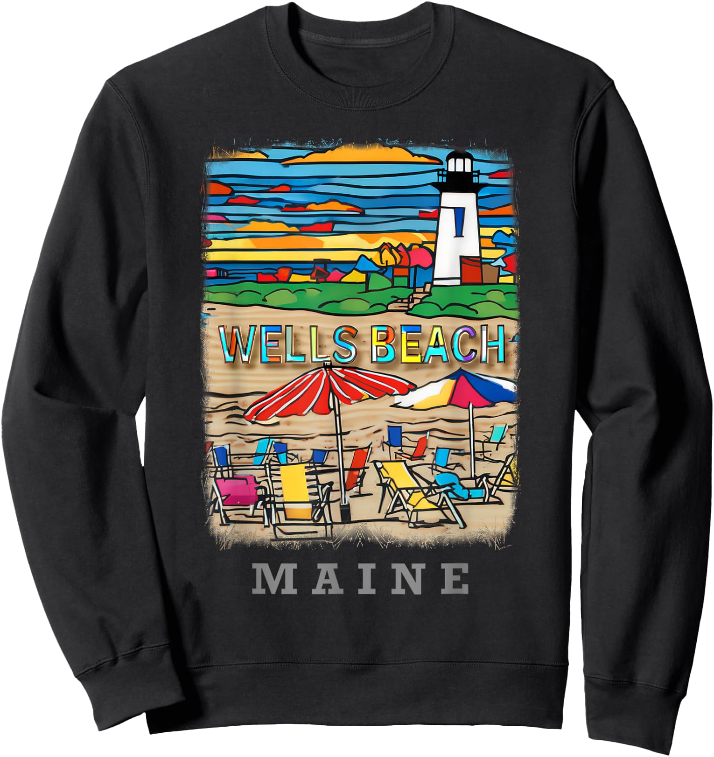 Wells Beach Maine ME Coastal Charm SD494 Men Women Girls Kids Sweatshirt - Sweatshirt | Black