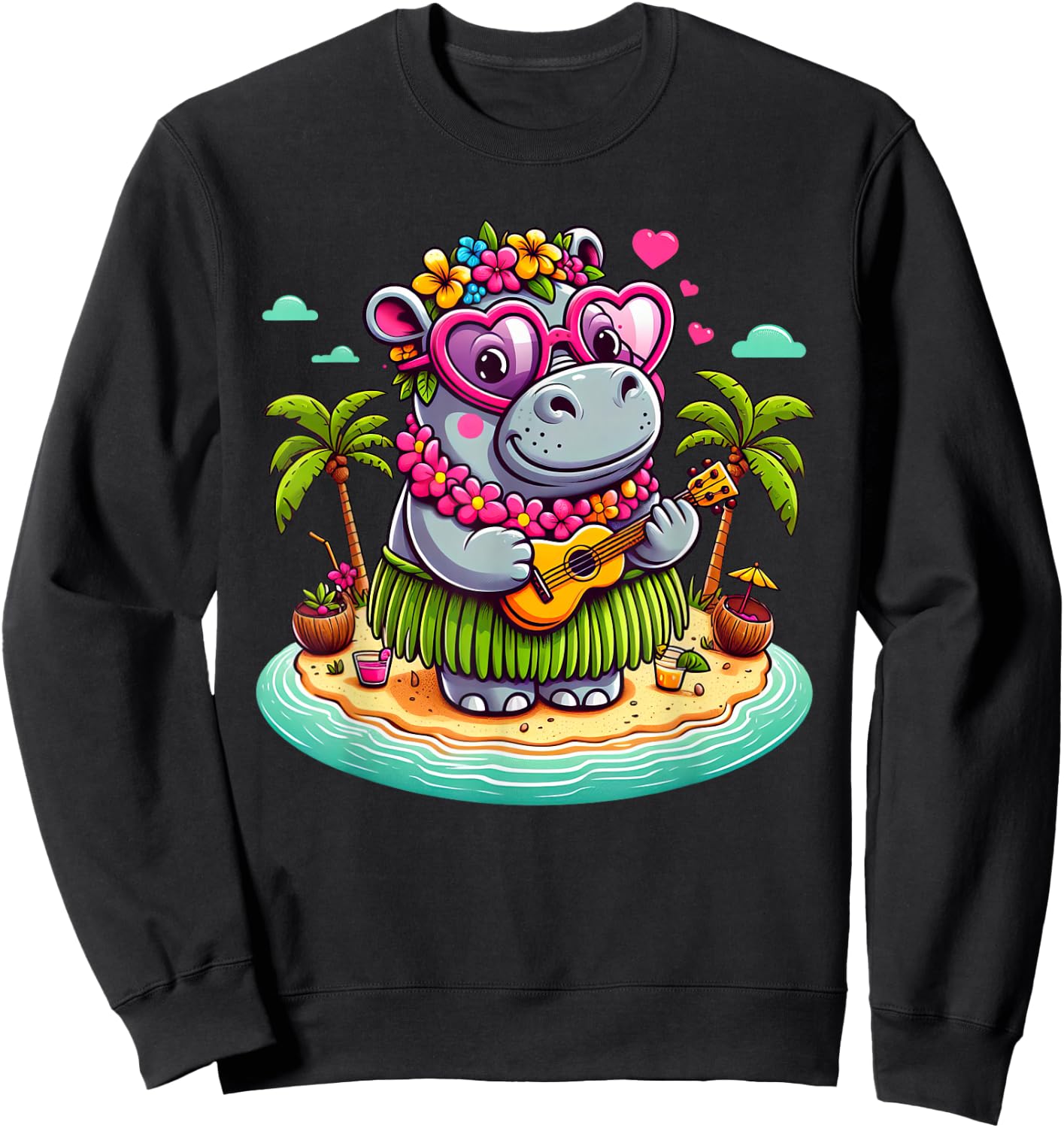 Funny Hippo Hawaiian Costume Kids Summer Vacation Hippo Sweatshirt - Sweatshirt | Black