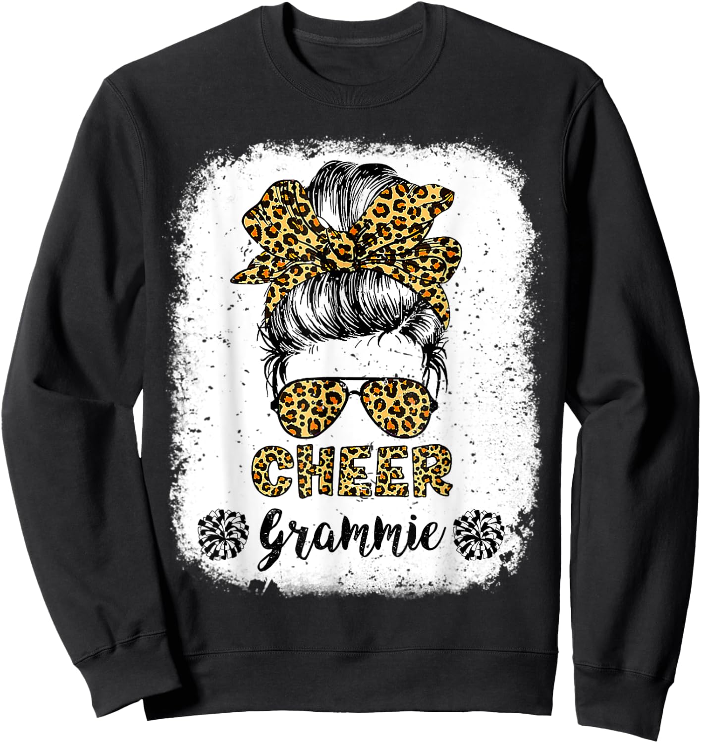 Cheer Grammie Leopard Messy Bun Cheerleader Bleached Sweatshirt - Sweatshirt | Black
