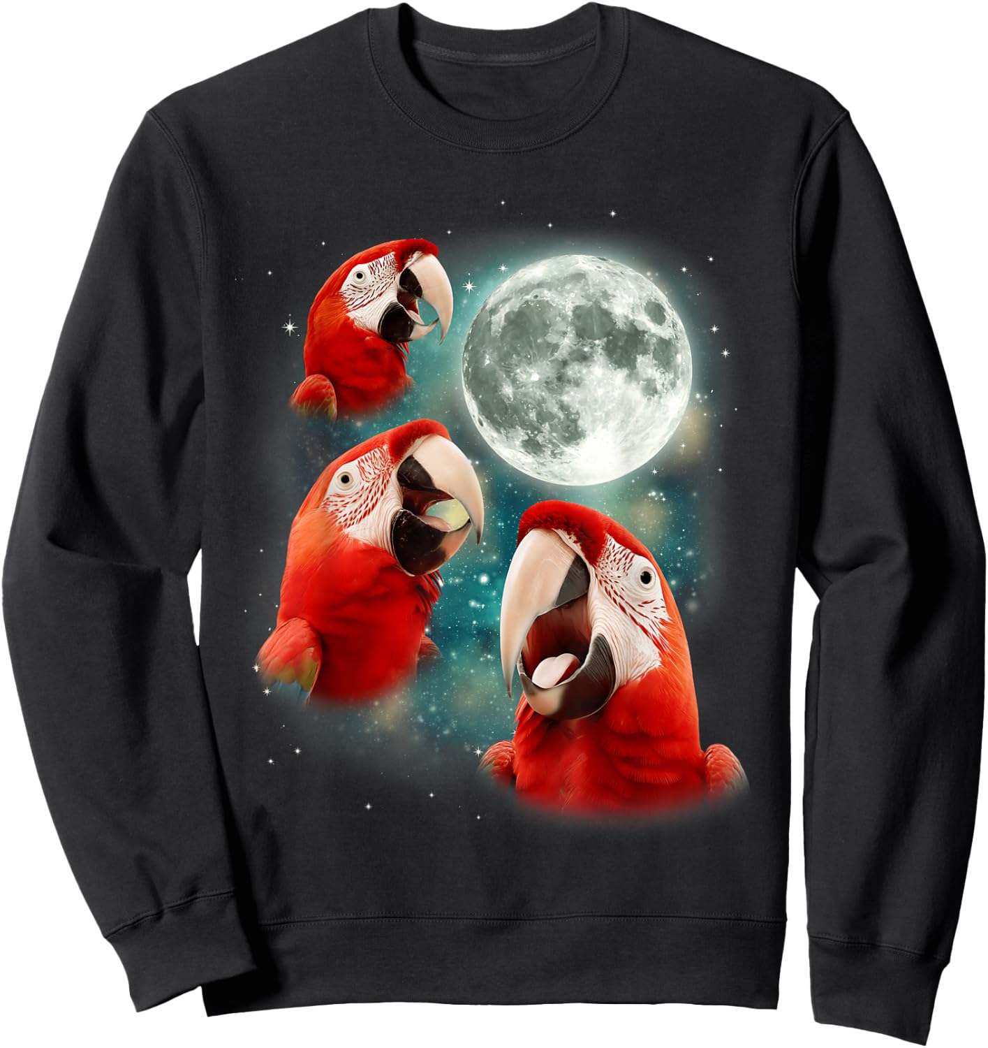 Three Parrot Moon | 3 Parrot Funny Weird Cursed Meme Sweatshirt - Sweatshirt | Black