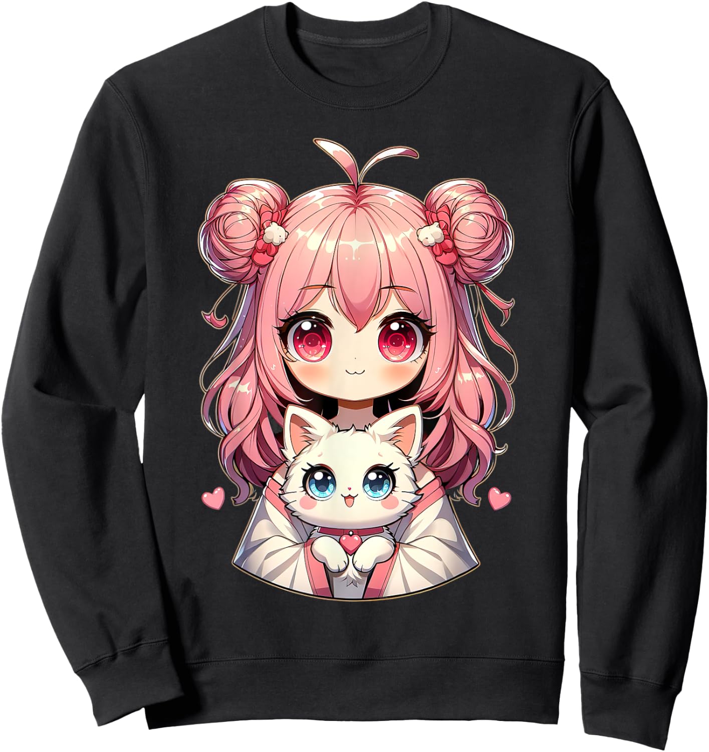 Anime Cute Cat Lovers Kawaii Manga Otaku Anime Girl Pink , Black, S Sweatshirt - Sweatshirt | Black