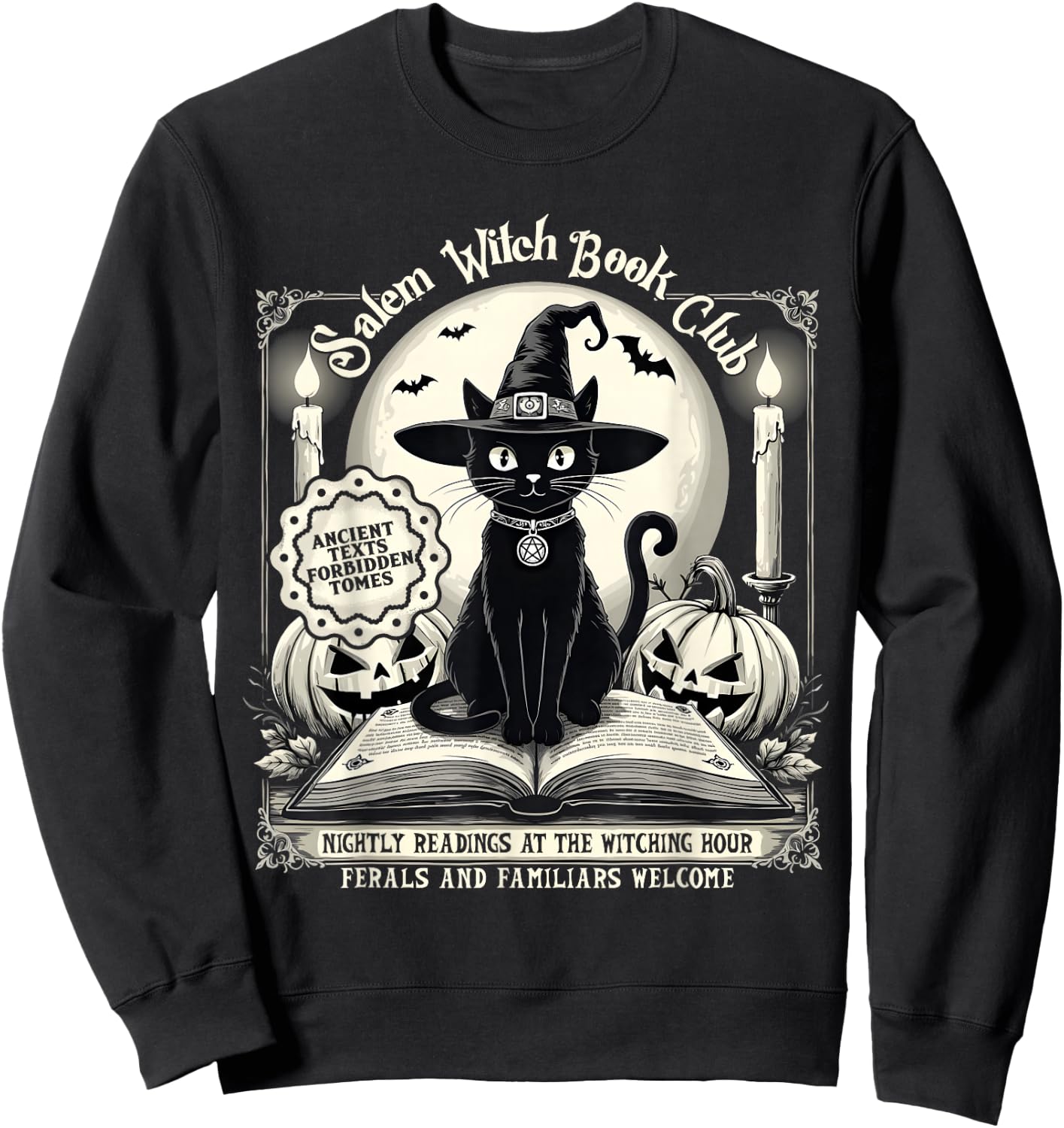 Salem Witch Book Club Vintage Halloween Cat Noir Book Lover Sweatshirt - Sweatshirt | Black