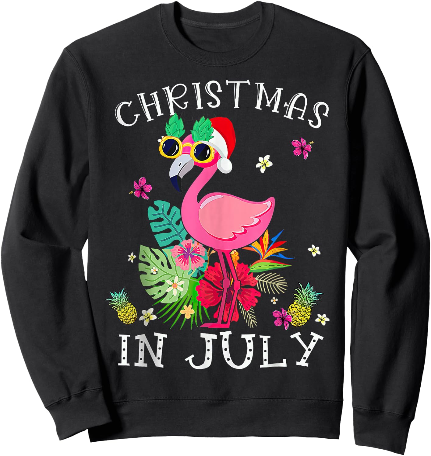 Christmas in July Pink Flamingo Hawaii Sweatshirt - Sweatshirt | Black