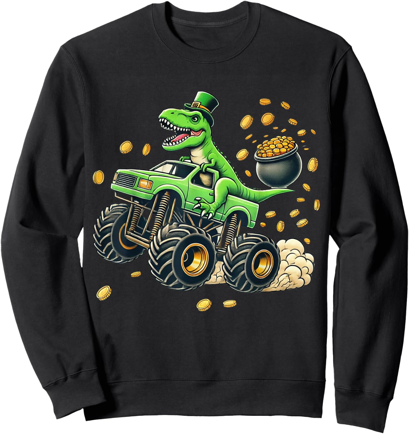 Boys Monster Truck T-rex St Patricks Day Dinosaur Kids Cute Sweatshirt - Sweatshirt | Black