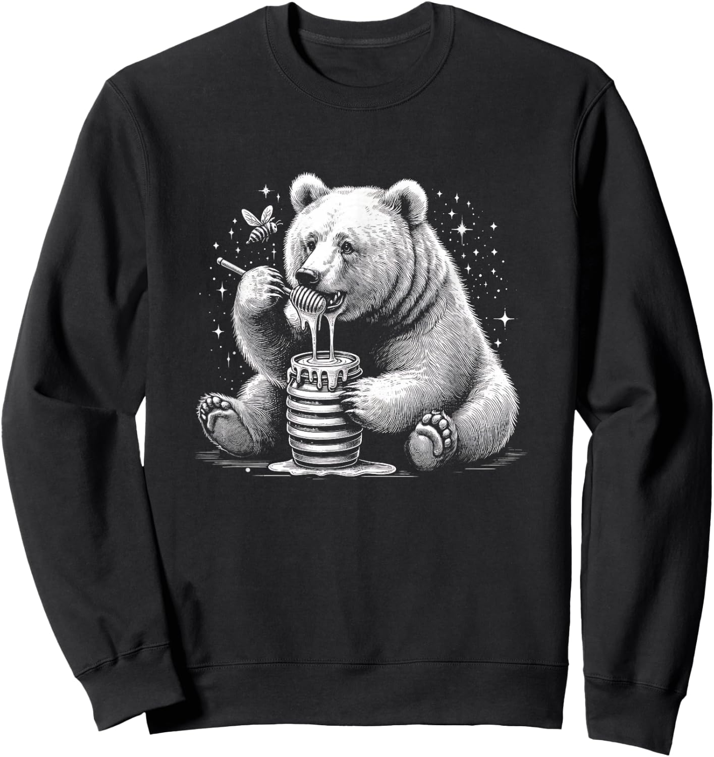 Cute Bear Eating Honey With Bee Graphic Art Design Sweatshirt - Sweatshirt | Black