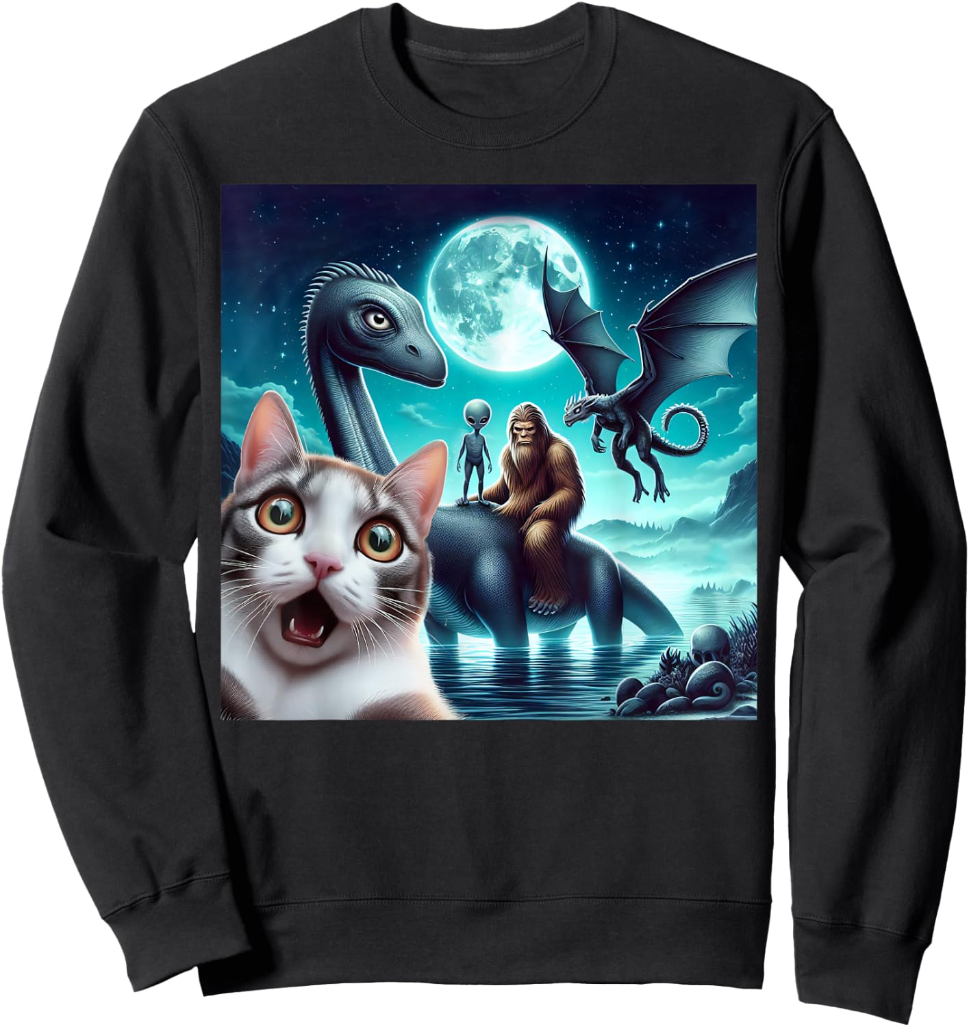 Cat Selfie with bigfoot alien UFO loch Ness monster dragon Sweatshirt - Sweatshirt | Black