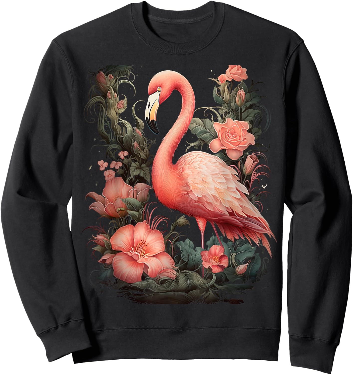 Flamingo and Flowers Floral Flamingos pink Sweatshirt - Sweatshirt | Black