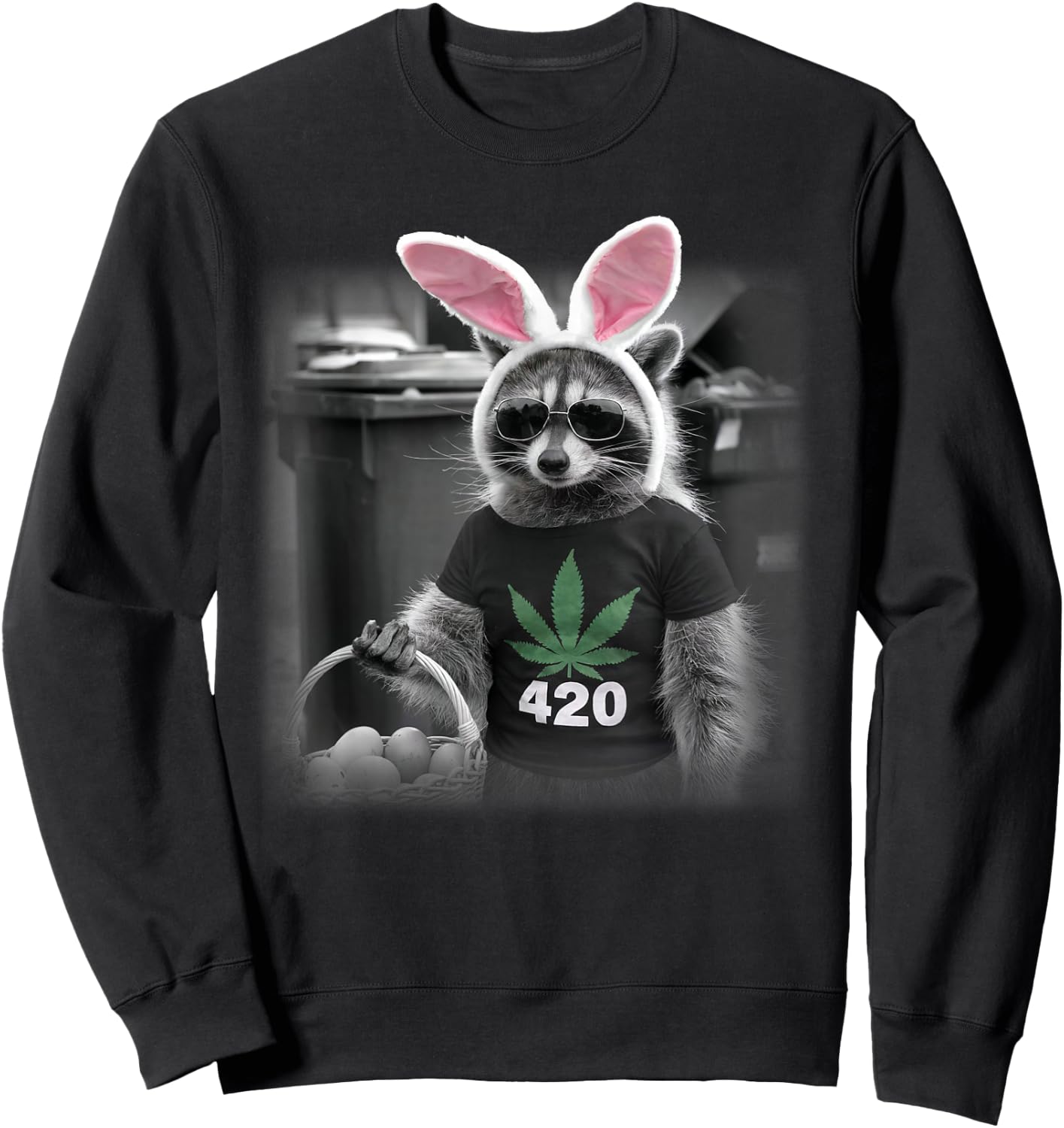 Happy 420 Easter Raccoon Bunny Marijuana Weed Cannabis Sweatshirt - Sweatshirt | Black