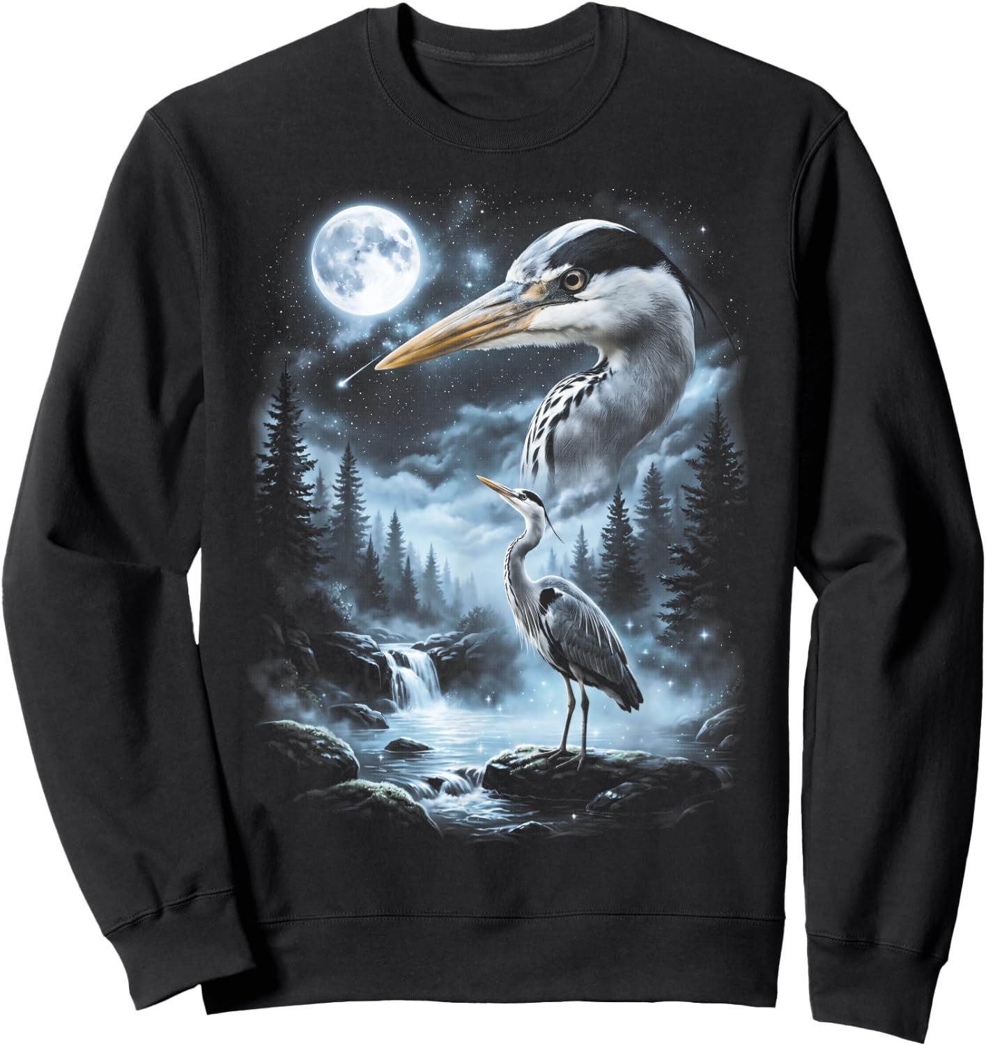 Blue Heron Howling at Moon 90's Retro Bird Sweatshirt - Sweatshirt | Black