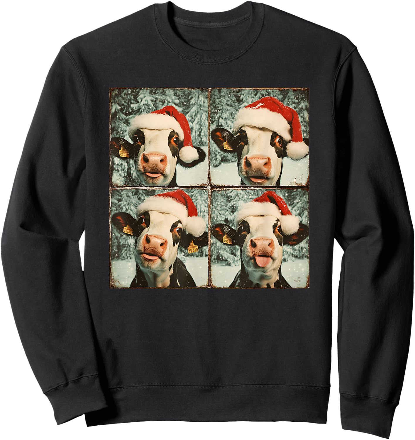 Love Cows Xmas Cow Lover Black Small Winter Graphic Animal Cartoon Short Sleeve Festive Unique Festive Graphic Design with Cow in Santa Hat Sweatshirt - Sweatshirt | Black