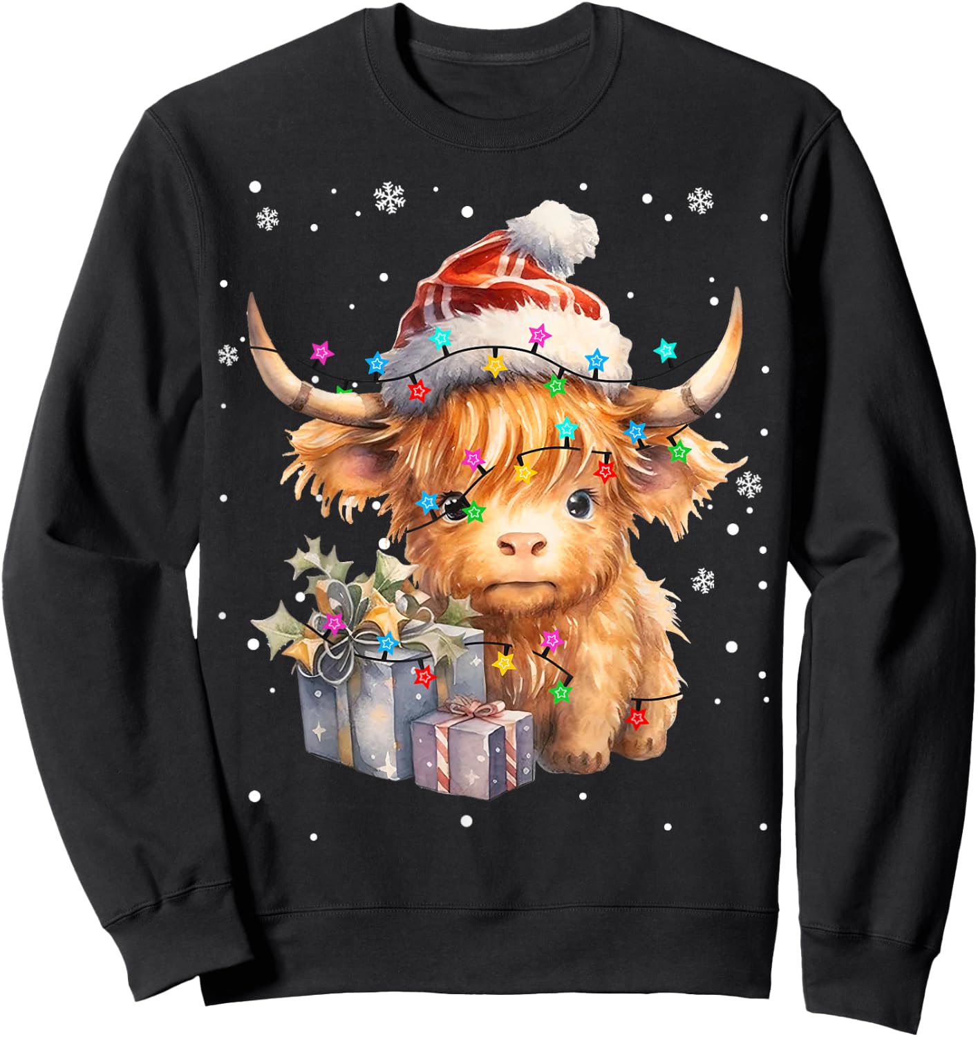 Cute Highland Cow Christmas Lights Merry Xmas Cows Farmer PJ Sweatshirt - Sweatshirt | Black