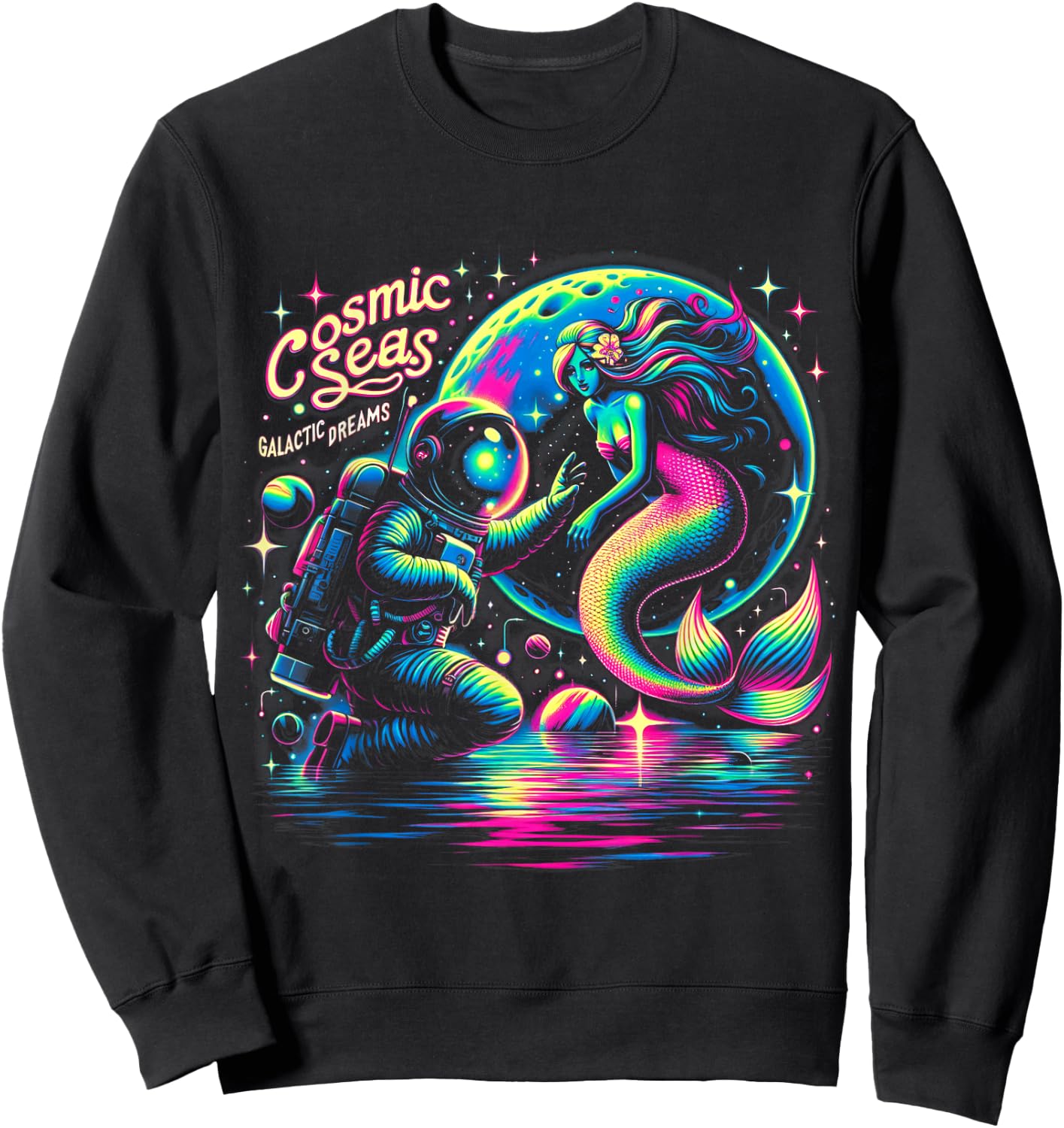 Cosmic Encounter - Astronaut Meets Space Mermaid Psychedelic Sweatshirt - Sweatshirt | Black
