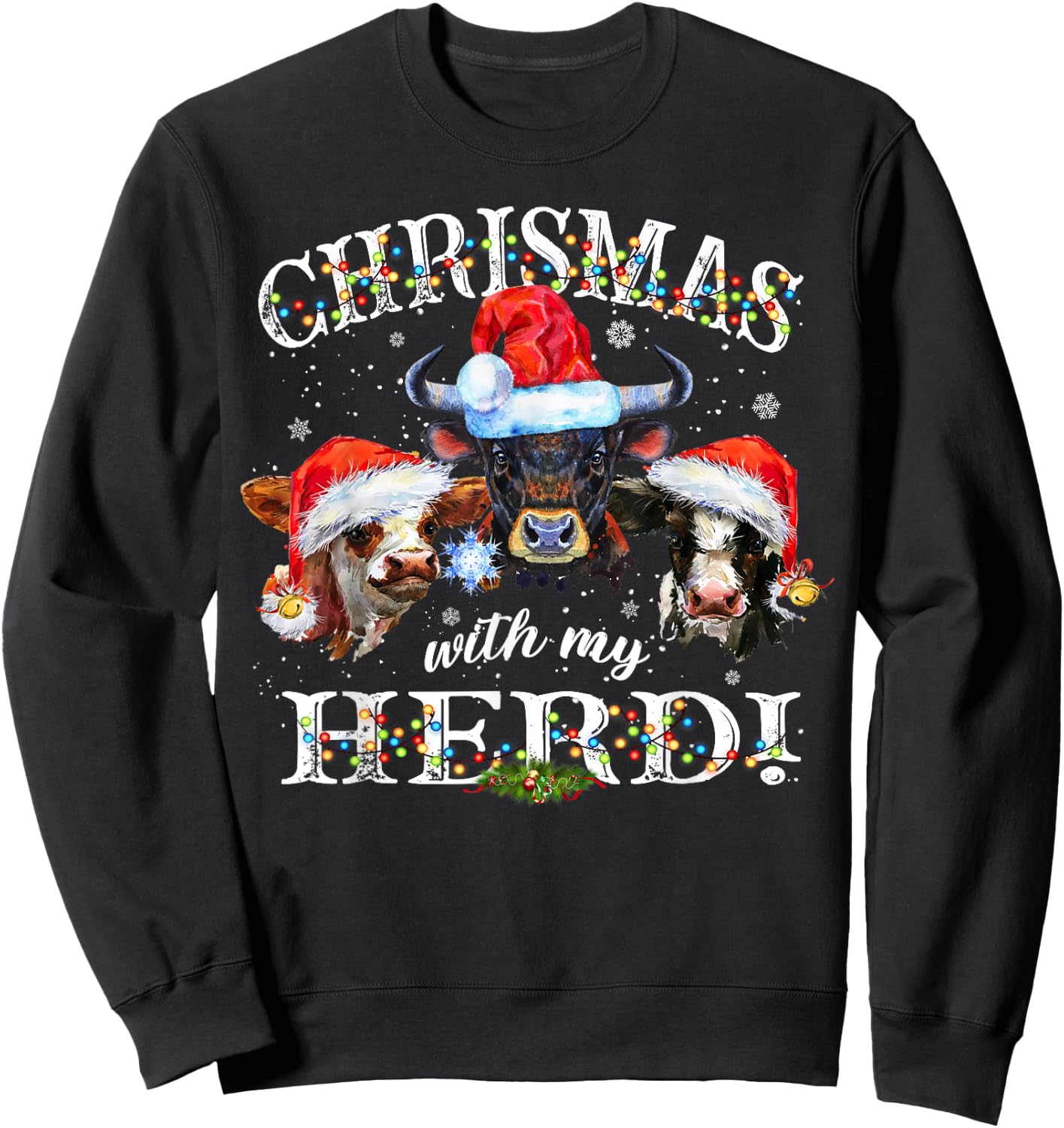 Christmas With My Herd Matching Holiday Cows Farmer Pajama Sweatshirt - Sweatshirt | Black
